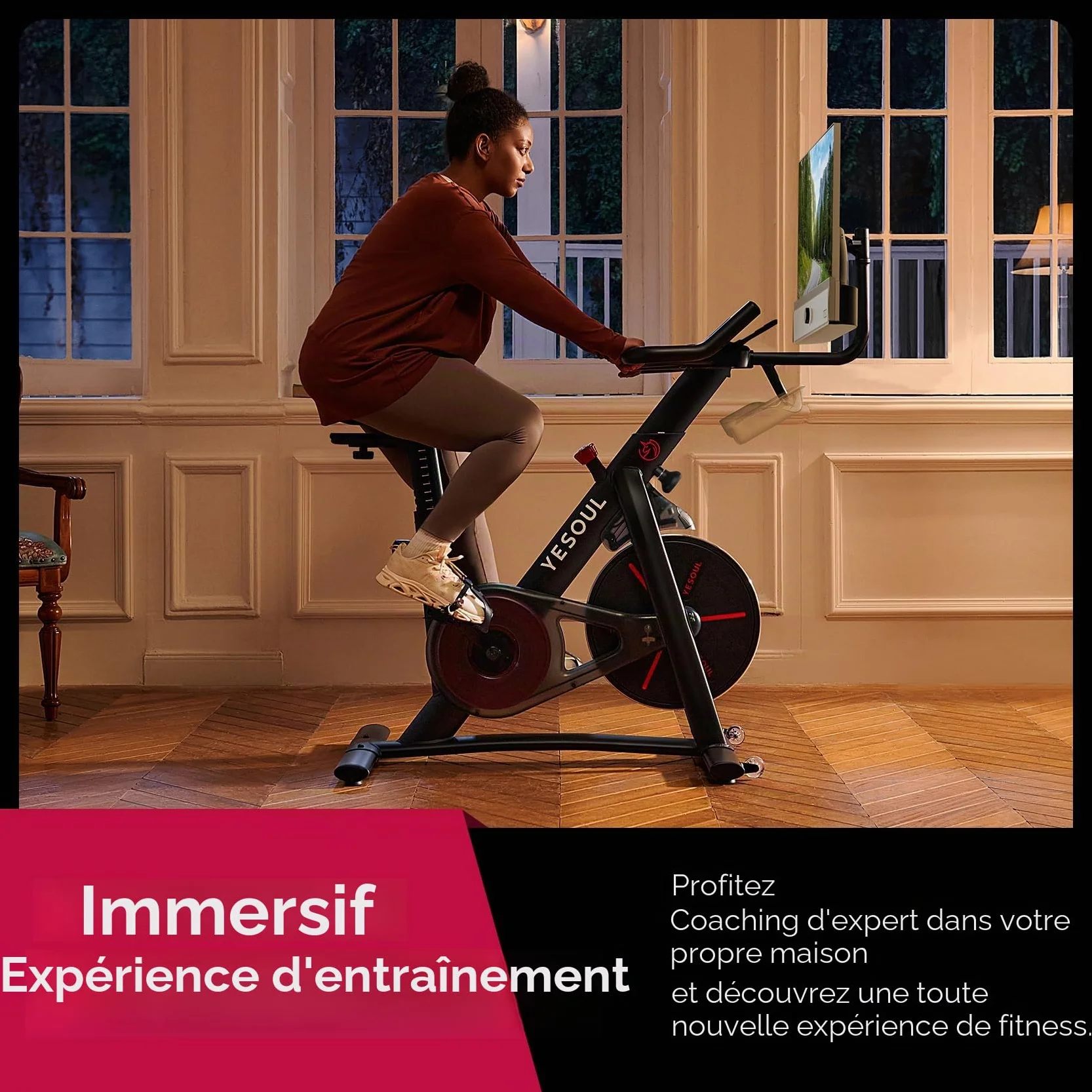 YESOUL G1M Plus Vélo d'appartement magnétique silencieux écran FHD 21,5 pouces son 360° vélo de fitness