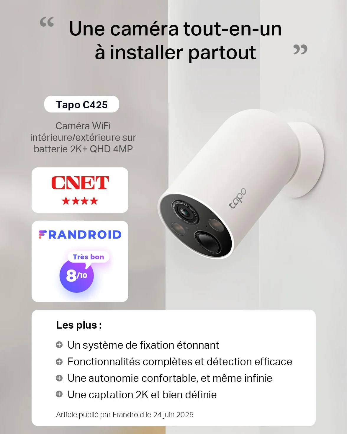 Tapo C425 2.5K(4MP) Caméra de Surveillance WiFi Extérieure sans Fil Batterie 10 000mAh, Autonomie de 300j, AI Détection, Vision Nocturne en Couleur, IP66 Etanche, Aucune hub requis(Base magnétique)