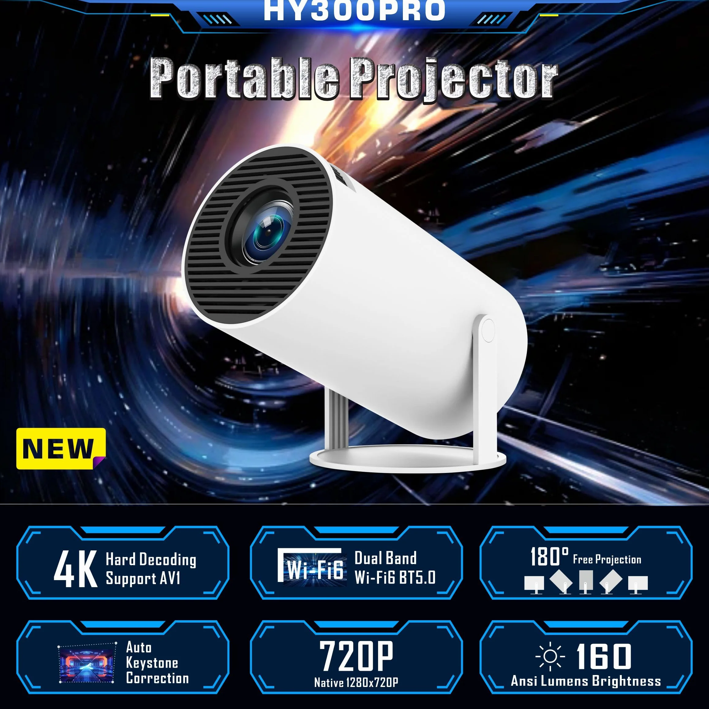 Mini Projecteur 4K Videoprojecteur Portable Projecteur Video WiFi 6 Android 11 Retroprojecteur 1080P Full HD Supporté pour TÉLÉPhone PC Lap HDMI Home Cinéma 180° Rotation (HY300PRO)