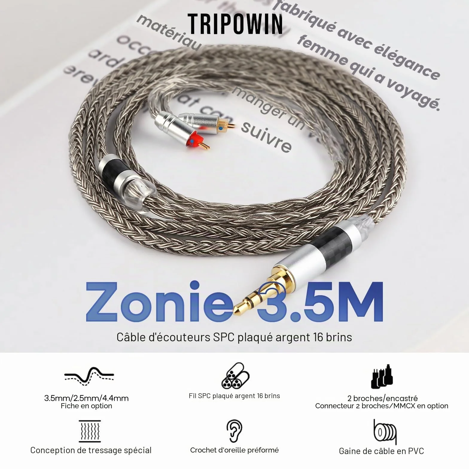 Tripowin Zonie IEM Câble 16 Fils Argenté 1,25m SPC In Ear Monitor 3,5mm 0,78mm 2pin Gris