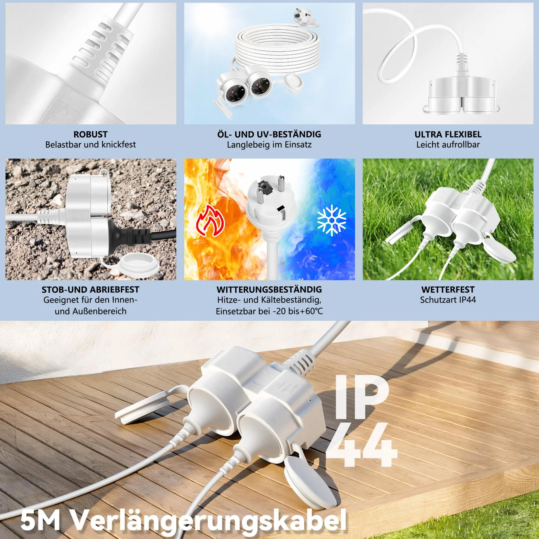 Rallonge électrique IP44 3500W 16A 250V 5m Blanc avec Prises et Couvercles Anti-poussière