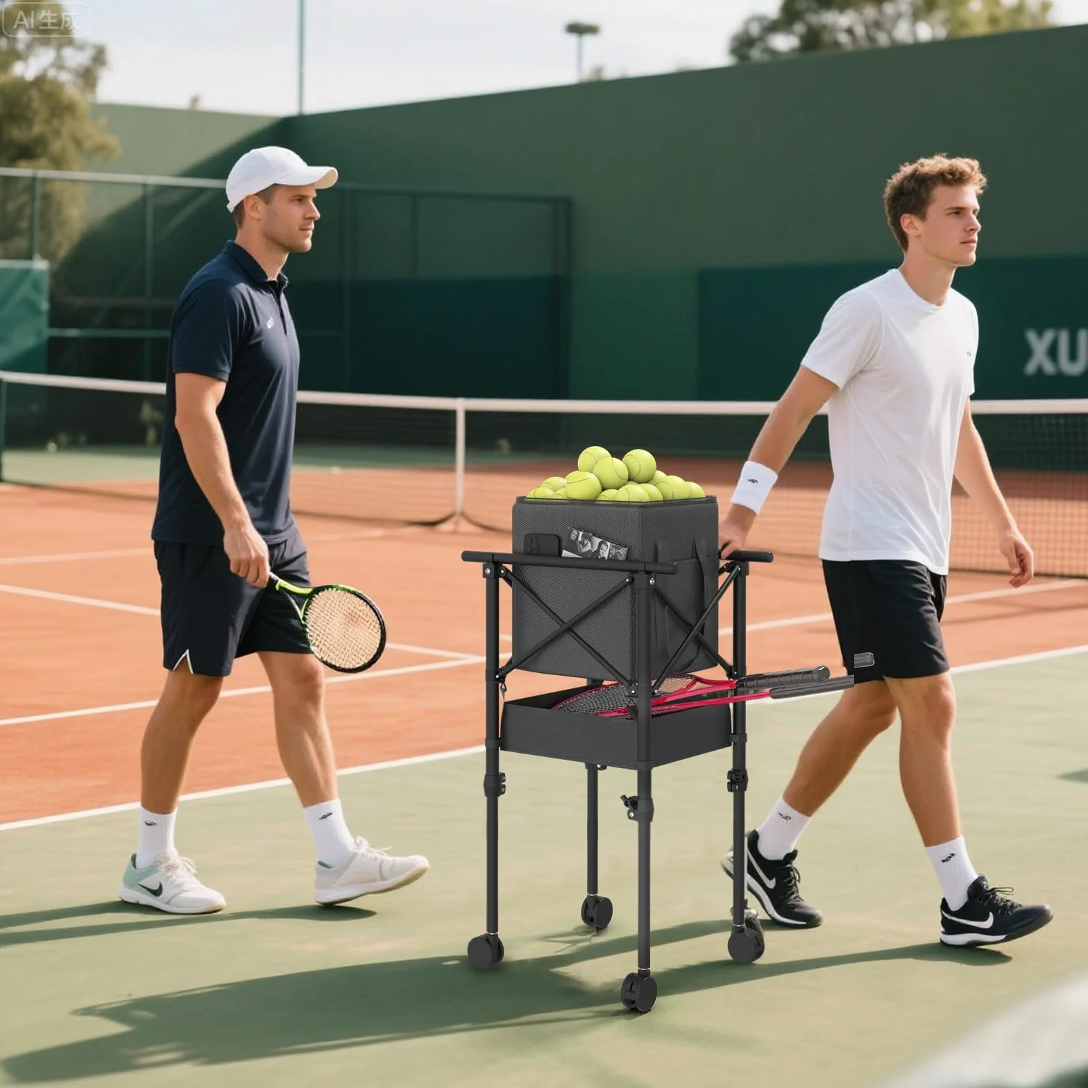 Panier à balles de tennis pliable avec roues, hauteur réglable, capacité 150 balles, sac de rangement