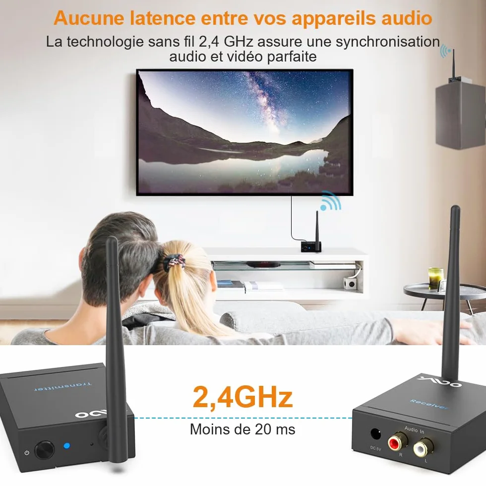 YMOO Wireless émetteur-récepteur de Transmission Audio 2,4 GHz, Adaptateur Audio Jack RCA 3,5 mm, Faible Latence 20ms, stéréo HiFi 48 kHz/24 Bits pour TV/PC vers Caisson de Basses/Haut-Parleur/ampli