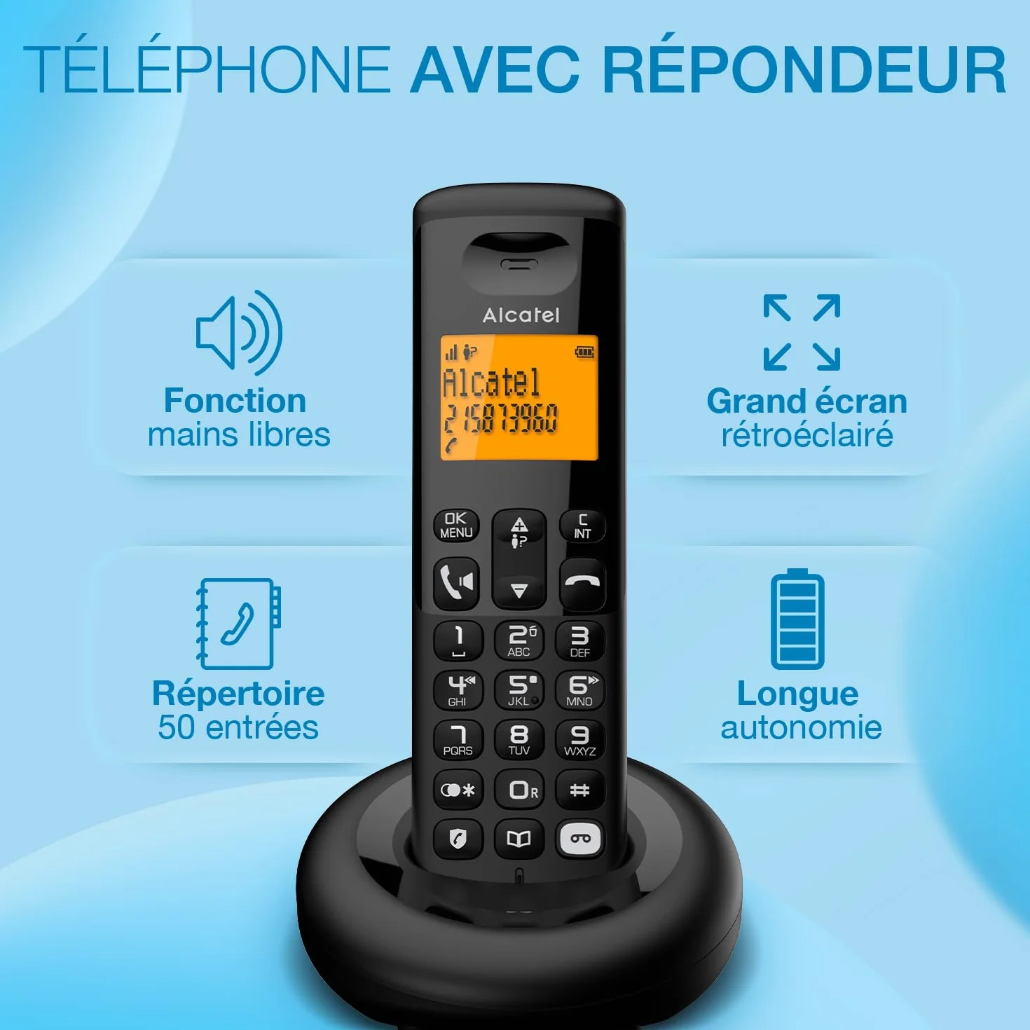 ALCATEL E260 S. Voice Téléphone Fixe sans Fil DECT Répondeur Design Compact Grand Écran Rétroéclairé Mains Libres Blocage des Appels Indésirables Noir