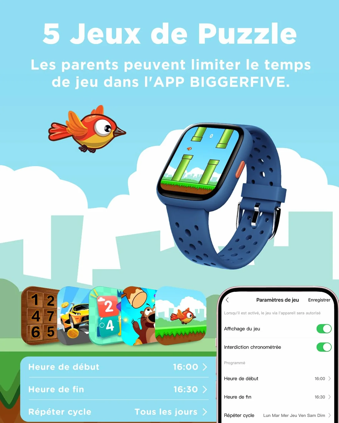 BIGGERFIVE Montre Enfant IP68 Étanche 1,8" Smartwatch Podomètre Cardiofrequencemètre Moniteur de Sommeil Bleu
