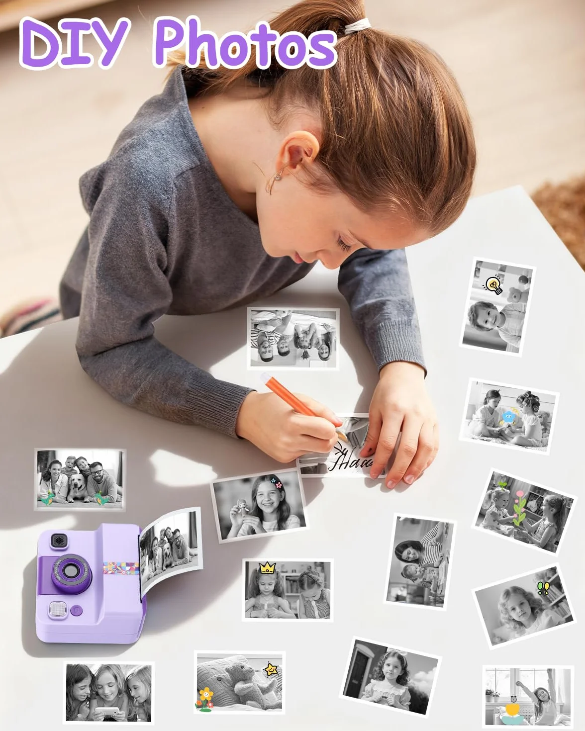 Appareil Photo Enfant, Appareil Photo Instantané Enfant, Kit avec 5 Rouleaux de Papier, 2.4" Écran, Vidéo 1080P et Selfie, Carte 32 Go, Cadeau Créatif pour Fille Garçon 3-12 Ans, Violet