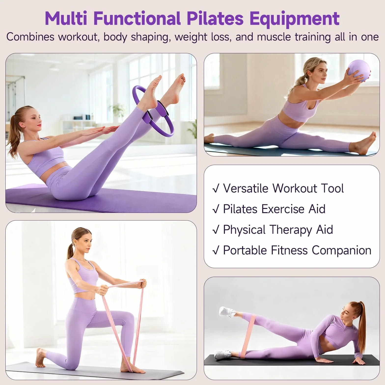 Set Anneau Pilates avec Cercle Pilates, 4 Bandes Résistance 15-45 LB, Mini Ballon Anti-éclatement, Kit Pilates Maison