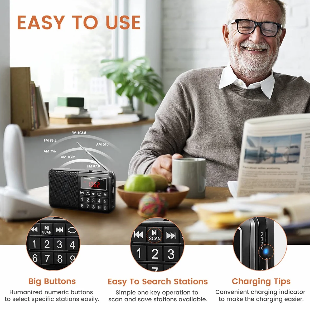 PRUNUS J-429 Petite Radio Portable Rechargeable FM/AM/SW/USB/MP3 Mini Haut-parleur Gros Boutons Grand écran