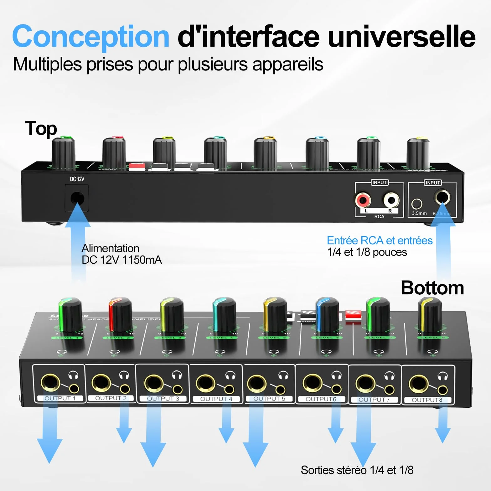 Amplificateur de Casque à 4 canaux avec Prises RCA 3,5 mm/6,35 mm, mélangeur Compact en métal avec 8 Ports de Sortie pour Casque, Interrupteur stéréo, Fonction muet, lumière RVB (8 canaux)