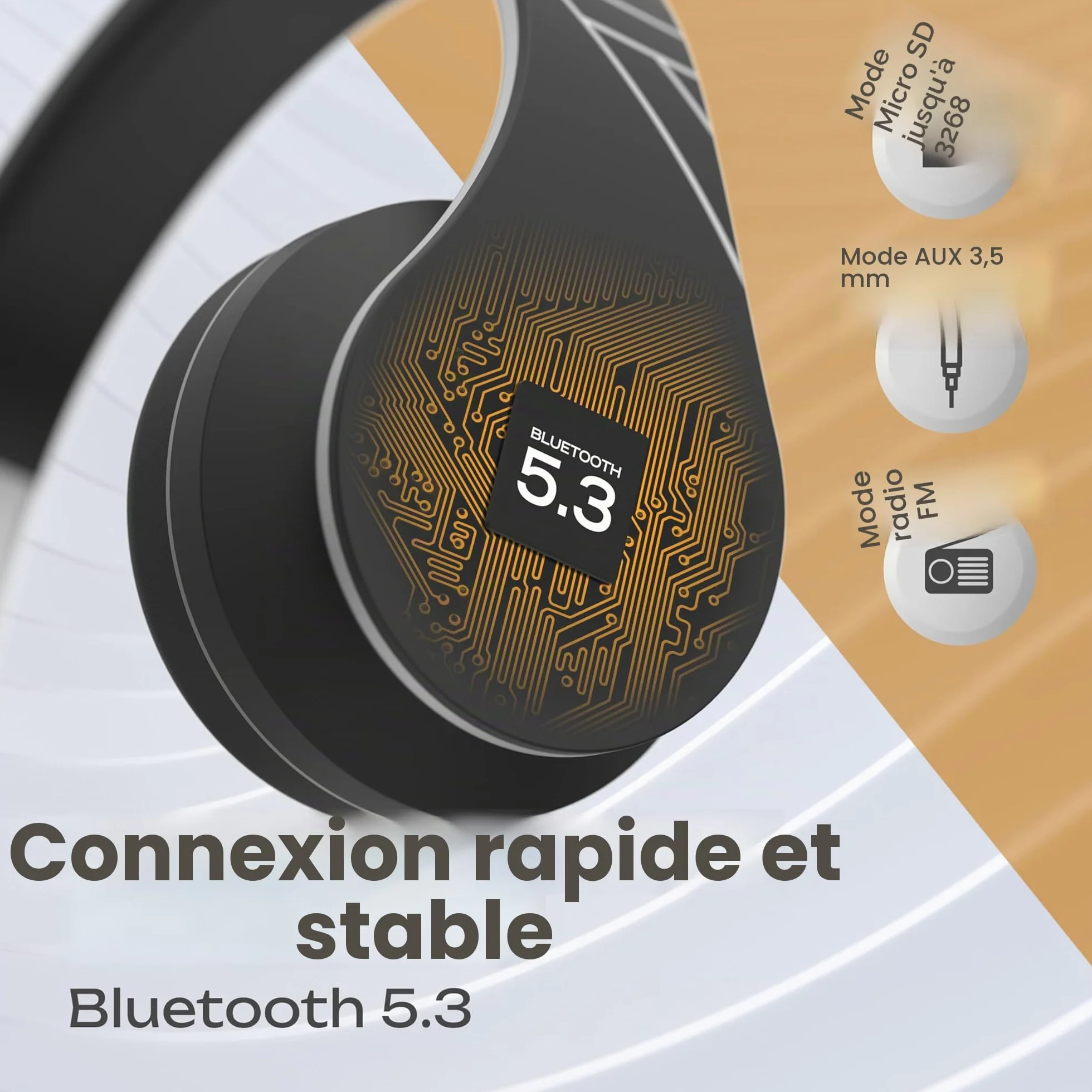 PowerLocus Casque Bluetooth sans Fil, Pliable Casque Audio Stéréo, Oreillette Bluetooth avec Micro Intégré/Micro SD/FM Radio pour Téléphones/PC/Tablettes/TV (Noir/Argent)