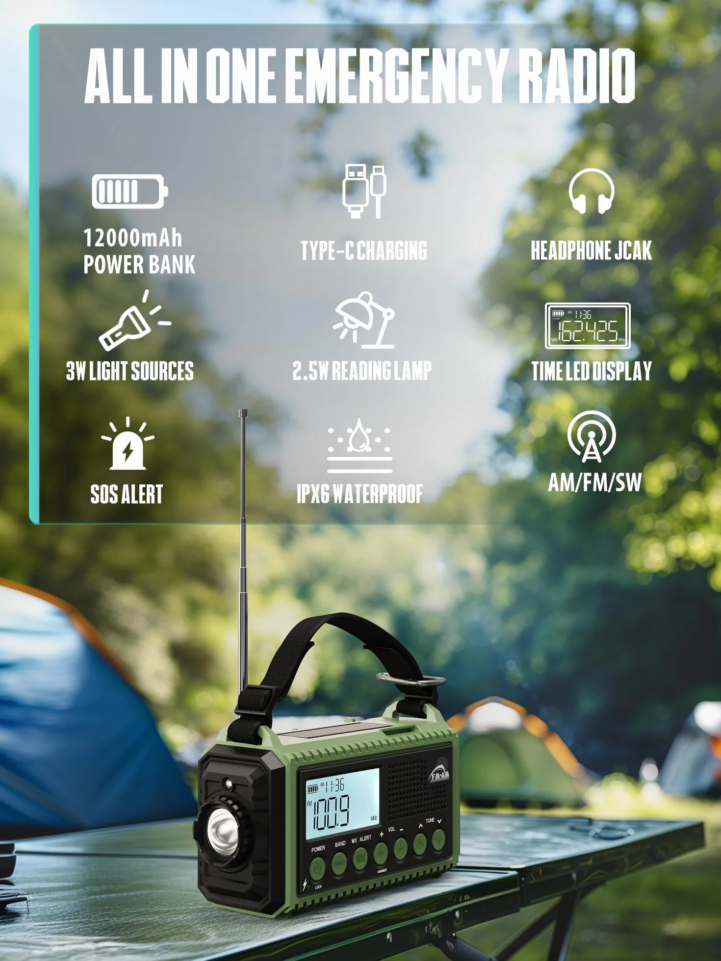 Radio Solaire FM/AM Portable 12000mAh Batterie Rechargeable d'Urgence avec Manivelle Lampe de Poche Chargeur Téléphone Alarme SOS