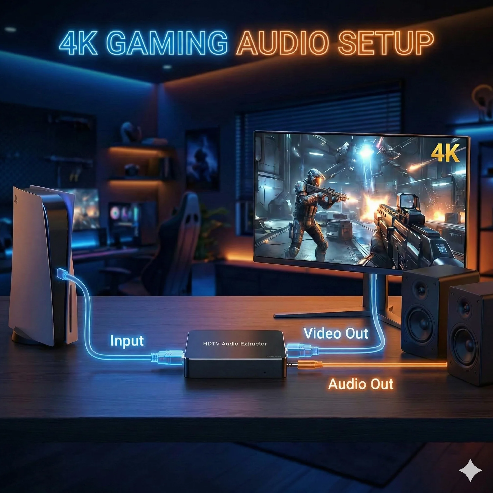 Extracteur Audio HDMI 4K Convertisseur vers Optique Spdif Toslink + Jack 3.5mm Stéréo, Adaptateur Splitter Audio Vidéo Séparateur de Son (3 Modes: Pass/2CH/5.1CH) pour PS5/PS4/Fire TV/Ampli