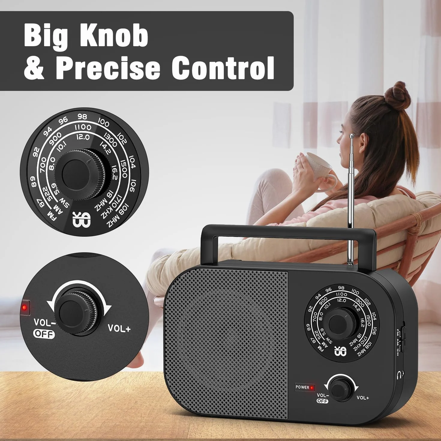 Radio Portable AM,FM,SW,FM Poste Radio Portable,Alimentée Secteur et la Batterie pour Une Réception,Haut-Parleur Intégré et Prise Casque Une Utilisation à la Maison/Extérieur/Camping/Urgence（Noir）