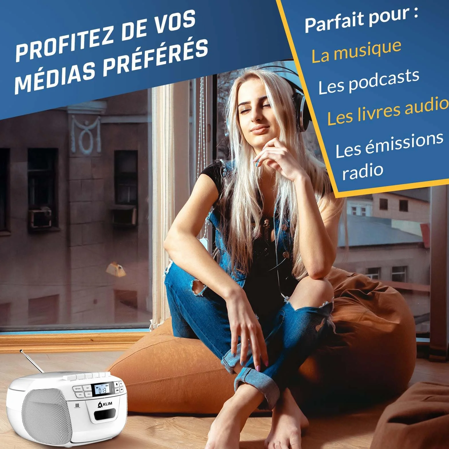 KLIM Lecteur CD Cassette Radio AM/FM Bluetooth Stéréo USB AUX Blanc