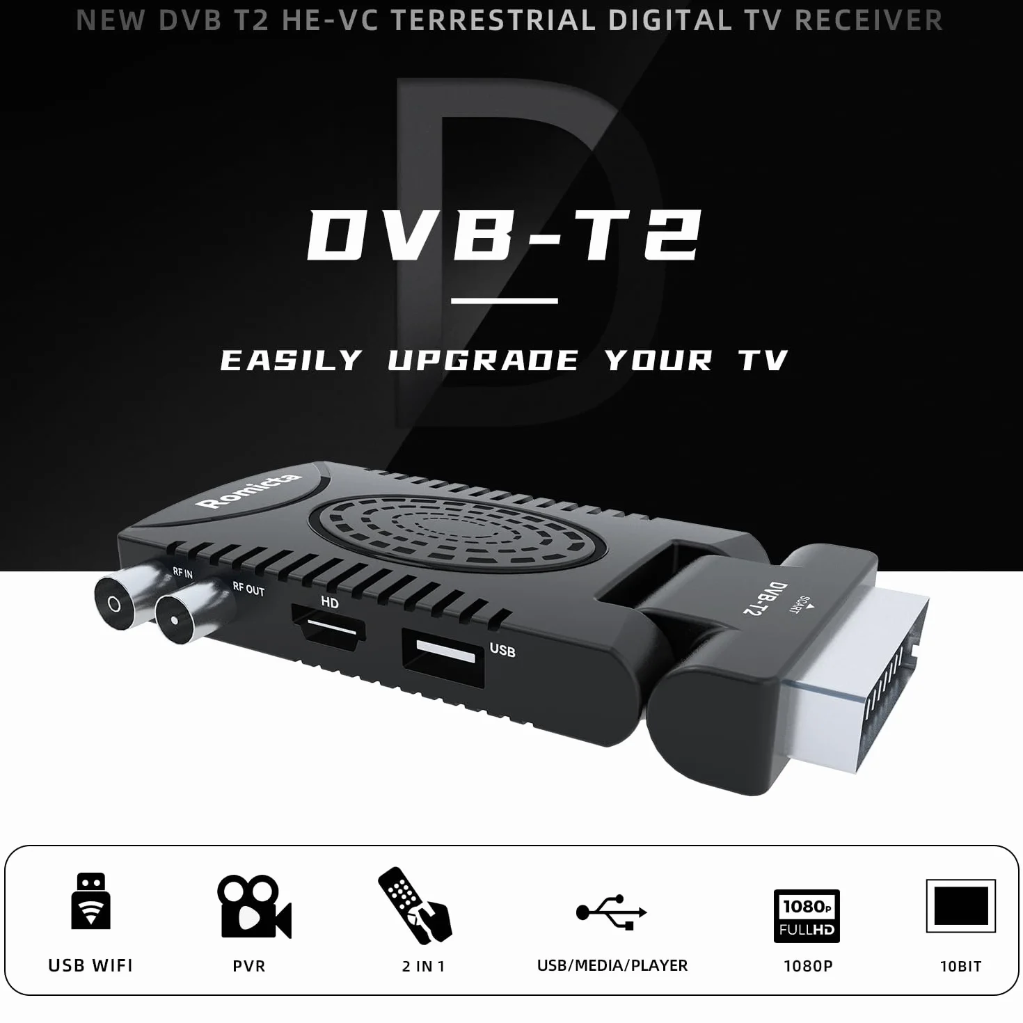 Romicta Décodeur TNT HD 2025 - DVB-T2 H.265 HEVC FTA Full HD PVR, USB, HDMI, SCART, Tuner TV numérique terrestre, récepteur numérique Haute définition Full HD 1080p, télécommande Universelle 2 en 1
