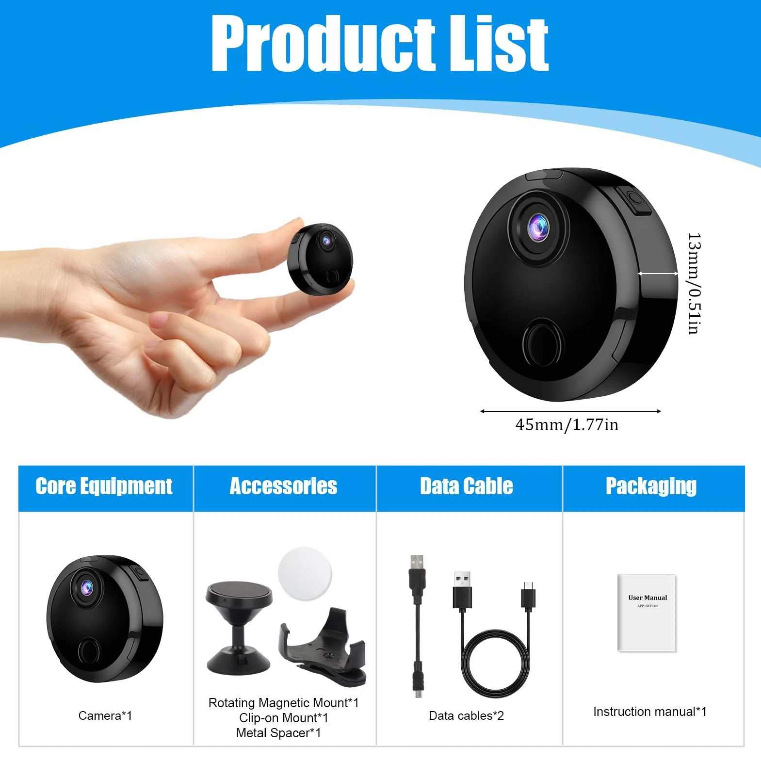 Mini Caméra de Surveillance WiFi 1080P Intérieur, Camera Intérieur et Extérieur sans Fil avec 2.4GHz WiFi, Vision Nocturne et Détection de Mouvement, pour Maison et Voiture