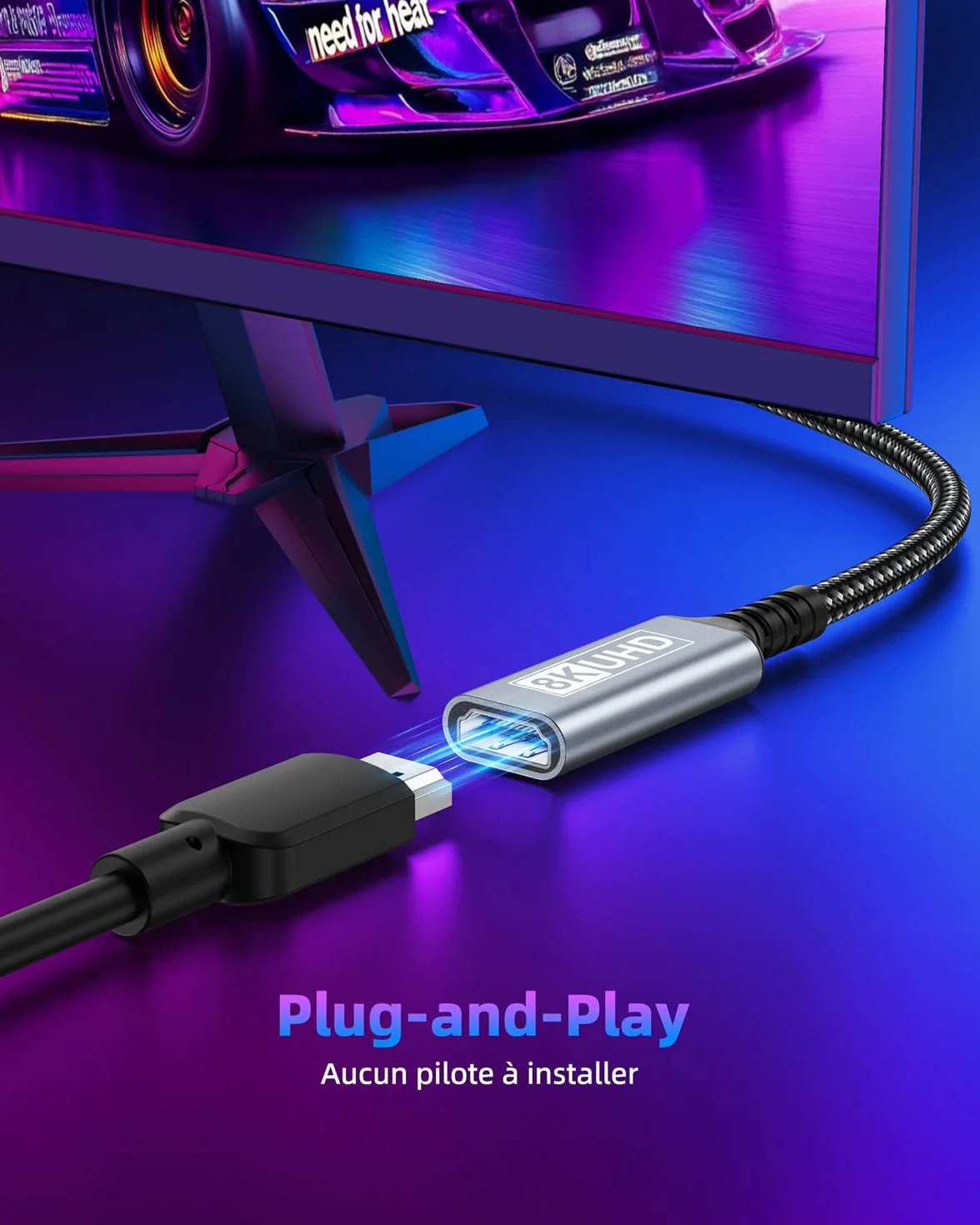 Rallonge HDMI 0.5M Câble, Câble d'extension HDMI 2.1 Mâle vers Femelle 8K@60Hz 4K@120Hz/144Hz 48Gbps, High Speed UHD eARC HDCP 2.3, Compatible avec TV Stick, HDTV, PS5/PS4
