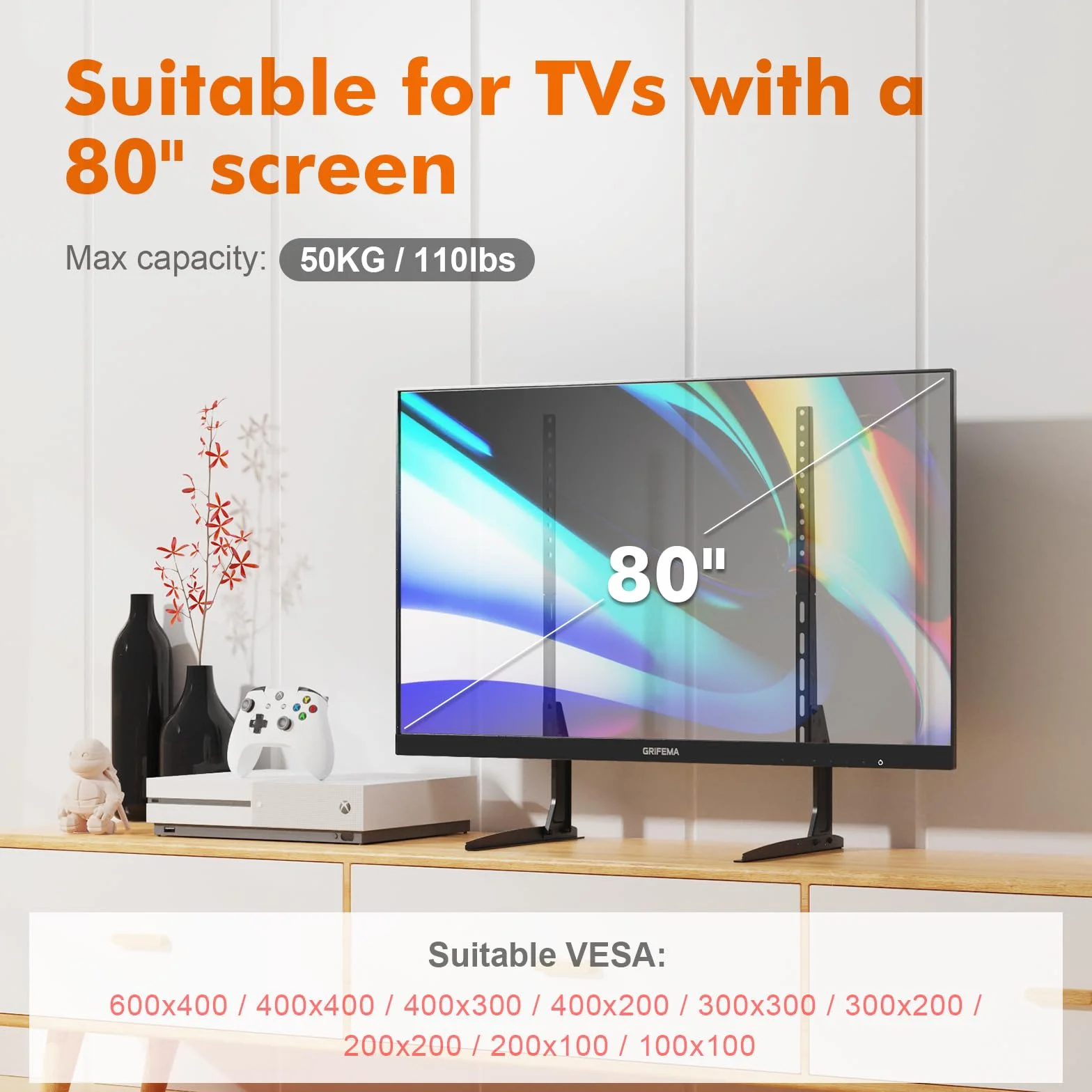 GRIFEMA Pied TV Universel pour Téléviseurs 22"-80", Hauteur Ajustable, Supporte Jusqu'à 50kg, VESA Max 800x400mm, Montage Facile - Noir