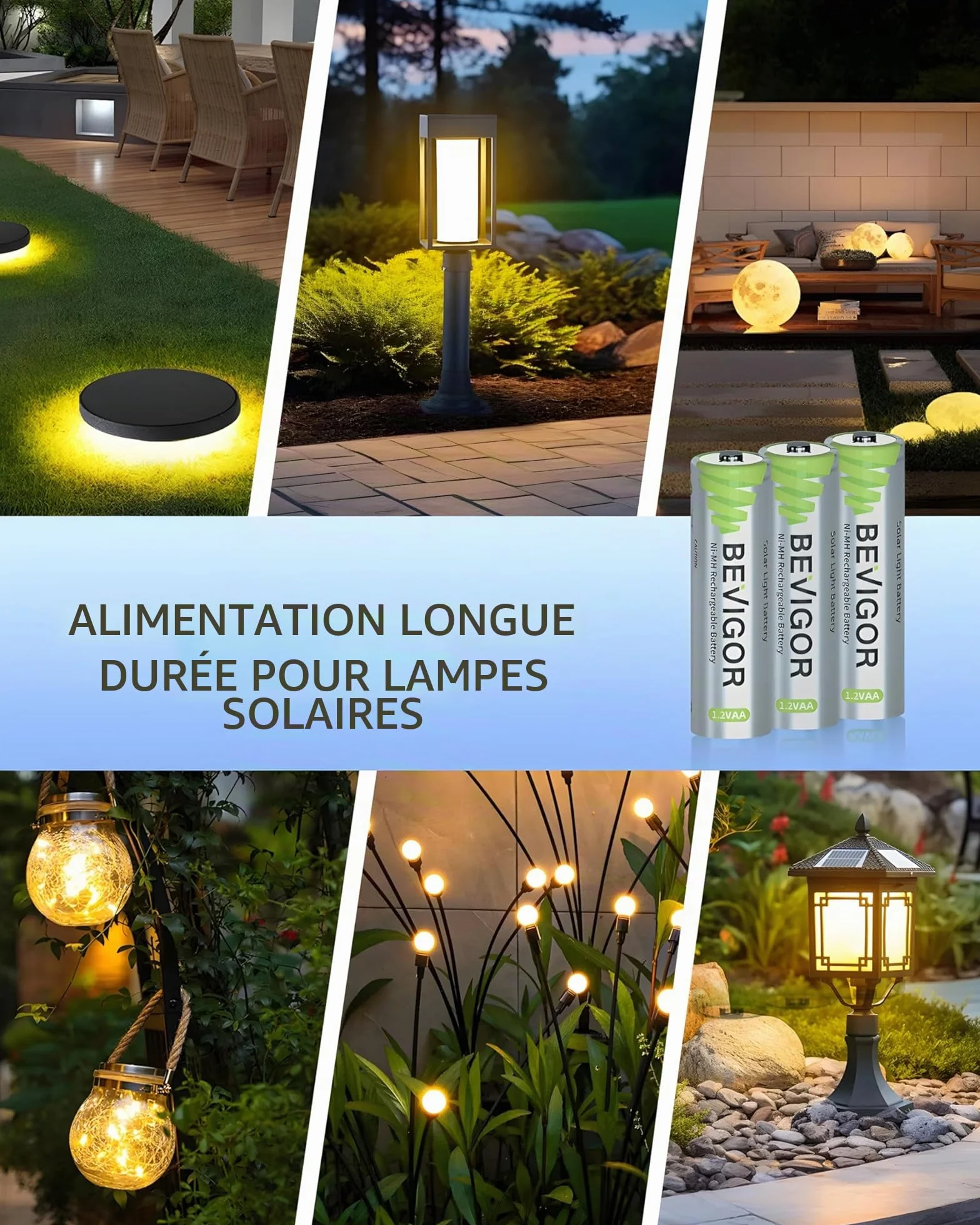 BEVIGOR Piles Rechargeables Solaires AA 1000mAh 1.2V NiMH pour Lampes Solaires Extérieures