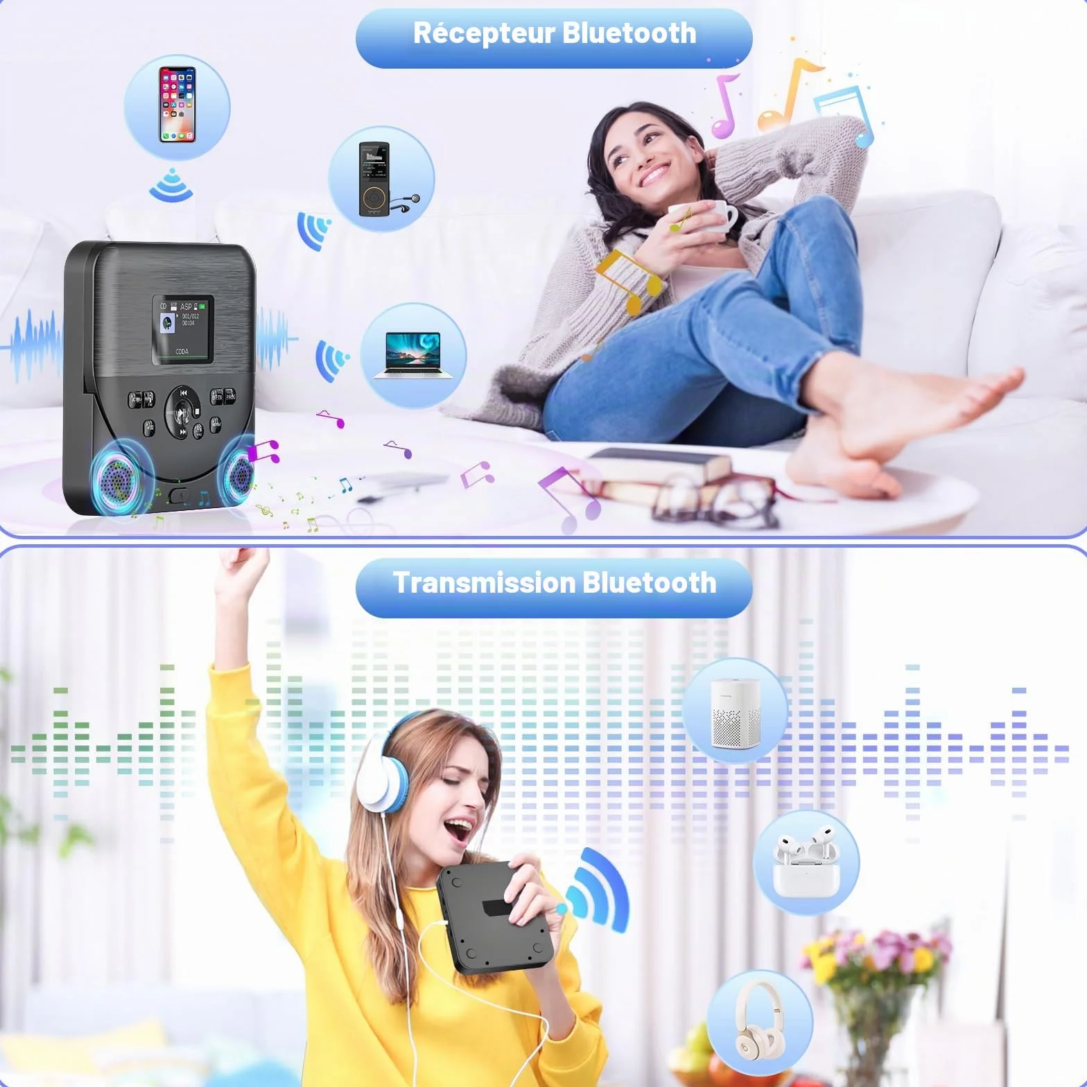 Lecteur CD Portable Bluetooth FELEMAN avec Haut-parleurs, Écran, Rechargeable, Émetteur FM, Noir