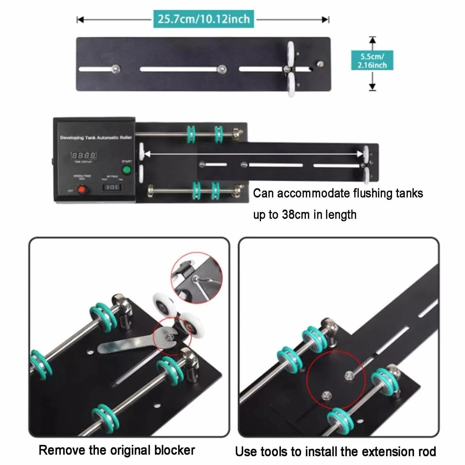 Développeuse automatique films, machine développement films chambre noire, vitesse réglable 20 à 280 tr/min, minuterie de 1 à 30 minutes, avec tige d'extension, 4 programmes prédéfinis