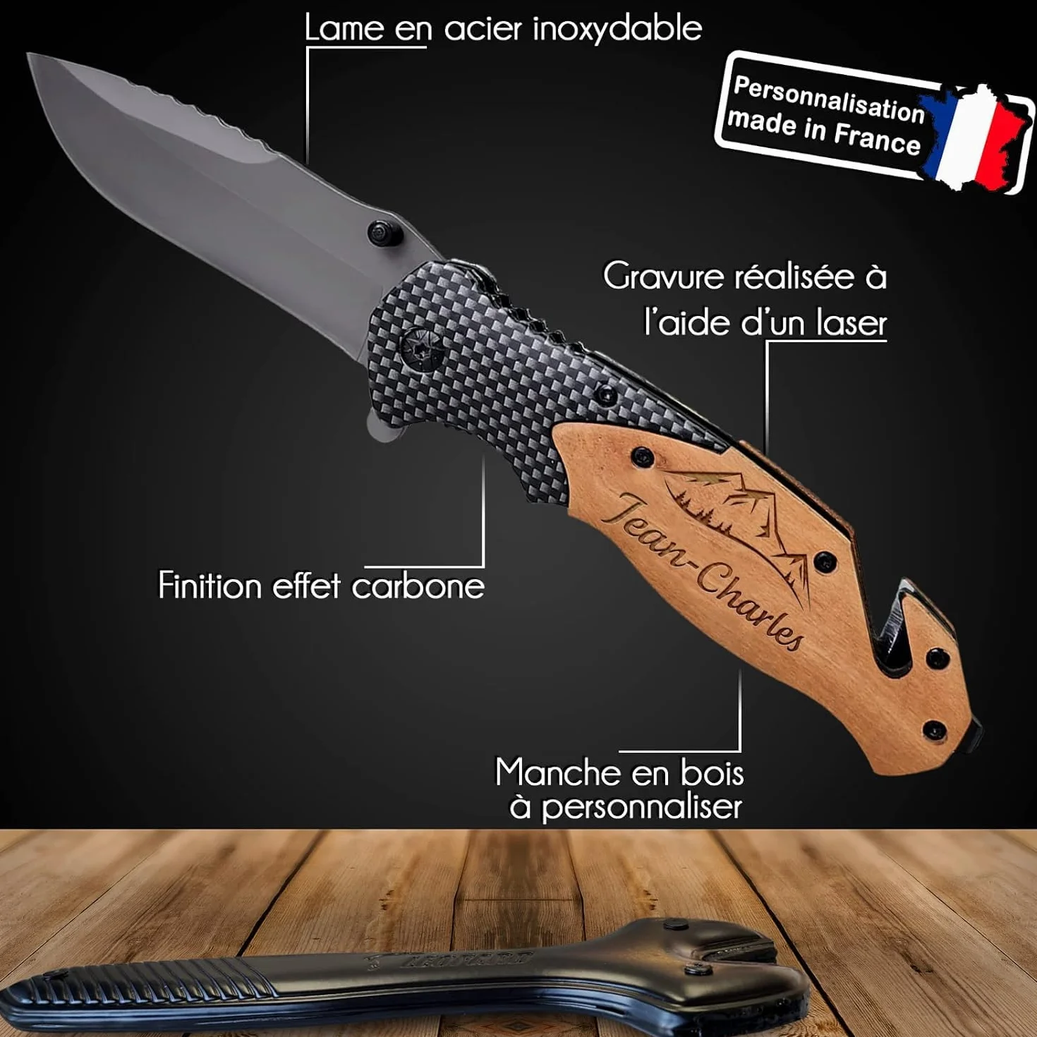 Couteau de survie personnalisé gravé avec prénom - Lame sécurité personnalisable - Manche en bois - Effet carbone - Cadeau Saint-Valentin homme