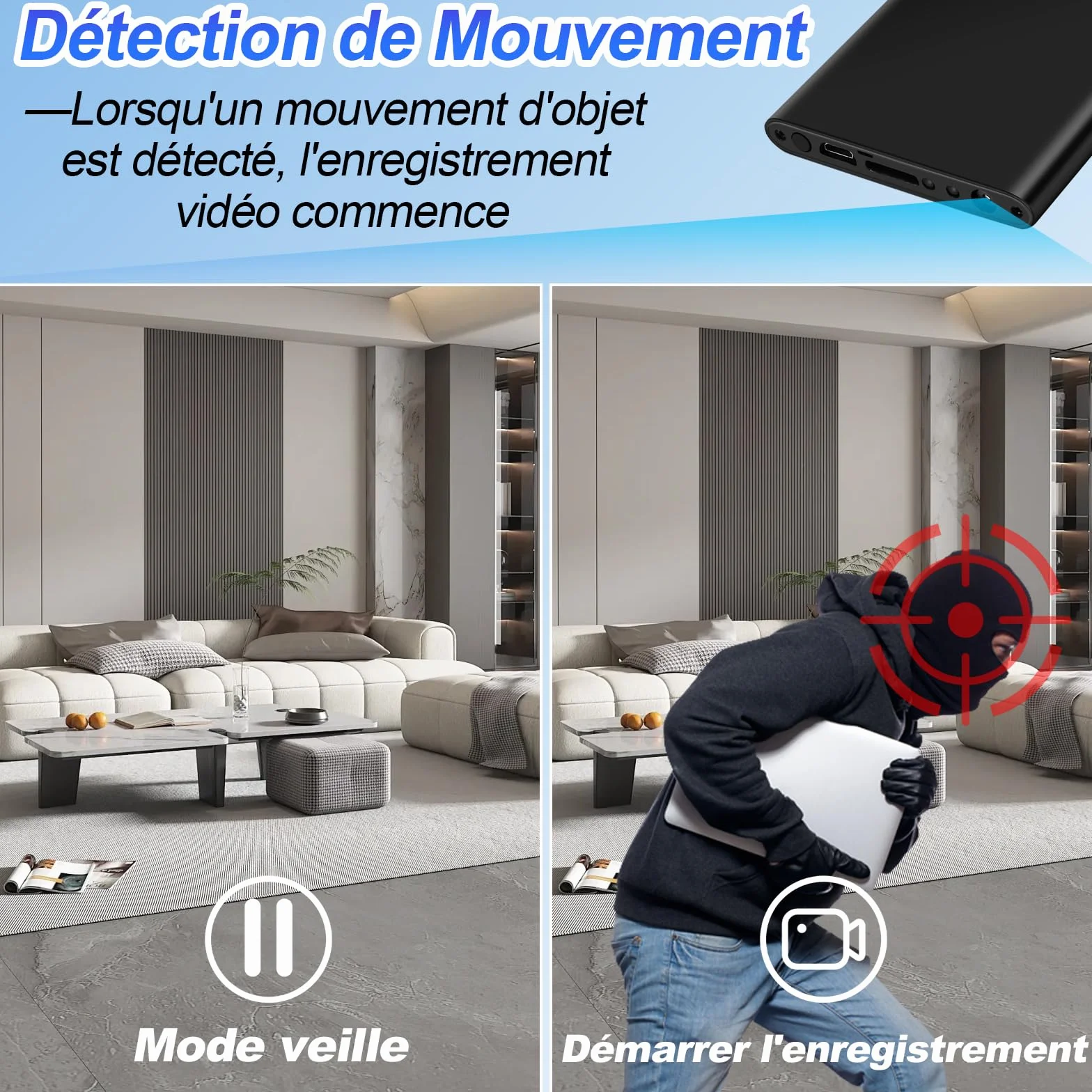Caméra Espion Power Bank, Double Fonction 1080P HD Caméra Cachée Power Bank, Batterie 5000 mAh pour 17 Heures D'enregistrement avec Câble USB 3-en-1