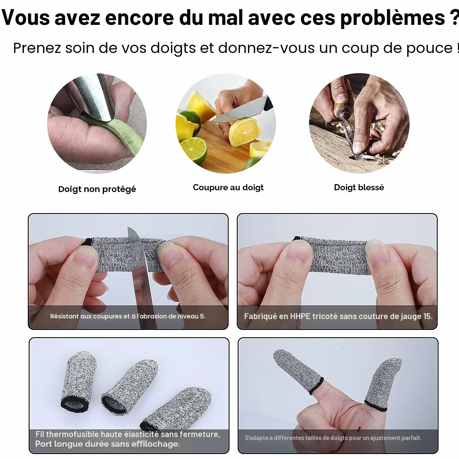 Cobee Protège-doigts résistants aux coupures, 10 pièces réutilisables pour pouce, travail cuisine jardin