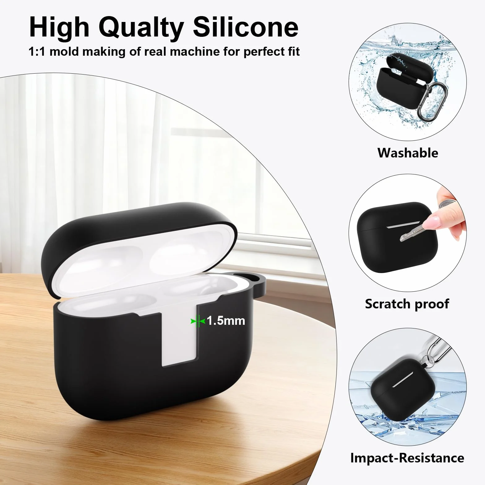 Coque silicone AirPods Pro 3 (2025) protection antichoc avec brosse nettoyage et mousqueton - Noir