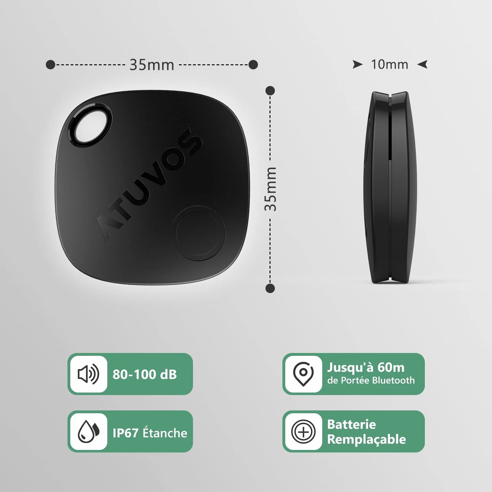 ATUVOS Air Tag Traceur Lot de 4, Fonctionne avec l’app Localiser Apple (Uniquement iOS), Localisateurs D’Objets Bluetooth pour Valises/Portefeuilles/Clés/Sacs/Bagages, Batterie Remplaçable, Noir