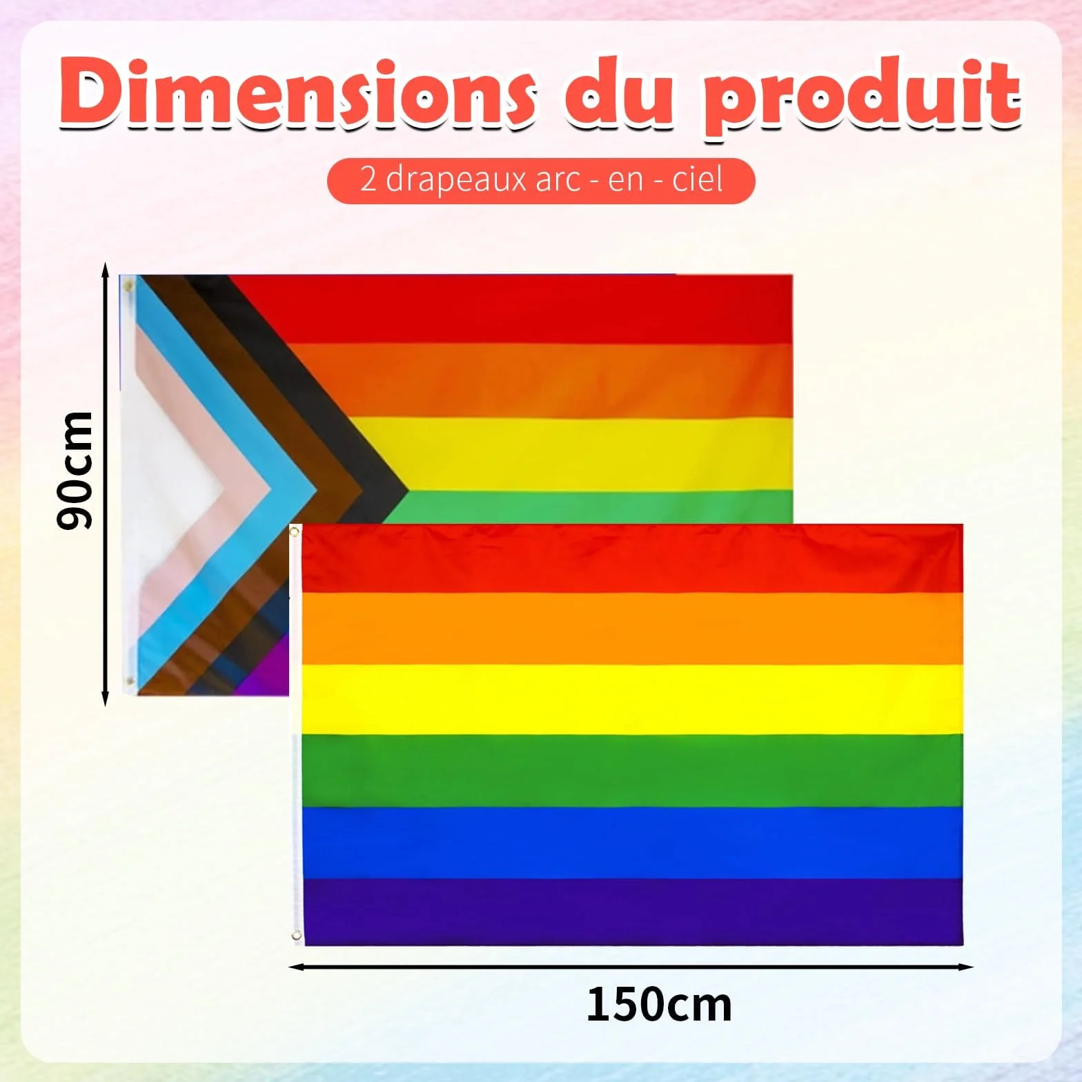 Drapeau LGBT Pride 90x150cm Lot de 2 Arc-en-Ciel Polyester Résistant Imperméable UV Intérieur Extérieur