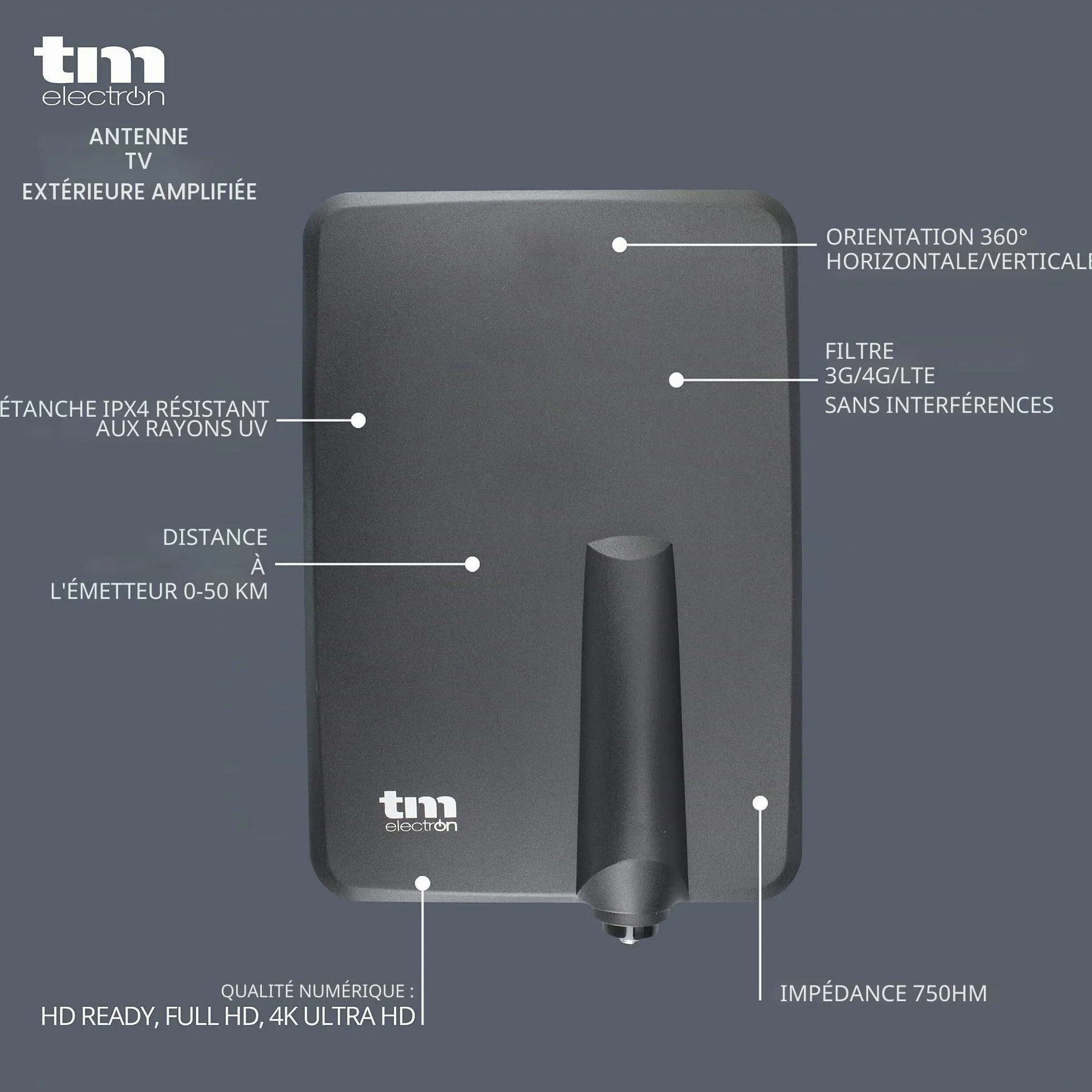 TM Electron TMANT015 Antenne TV d'intérieur ou d'extérieur avec amplificateur intégré 40 DB, Ultra compacte, Orientation 360°, Montage Mural ou mât et résistante aux intempéries