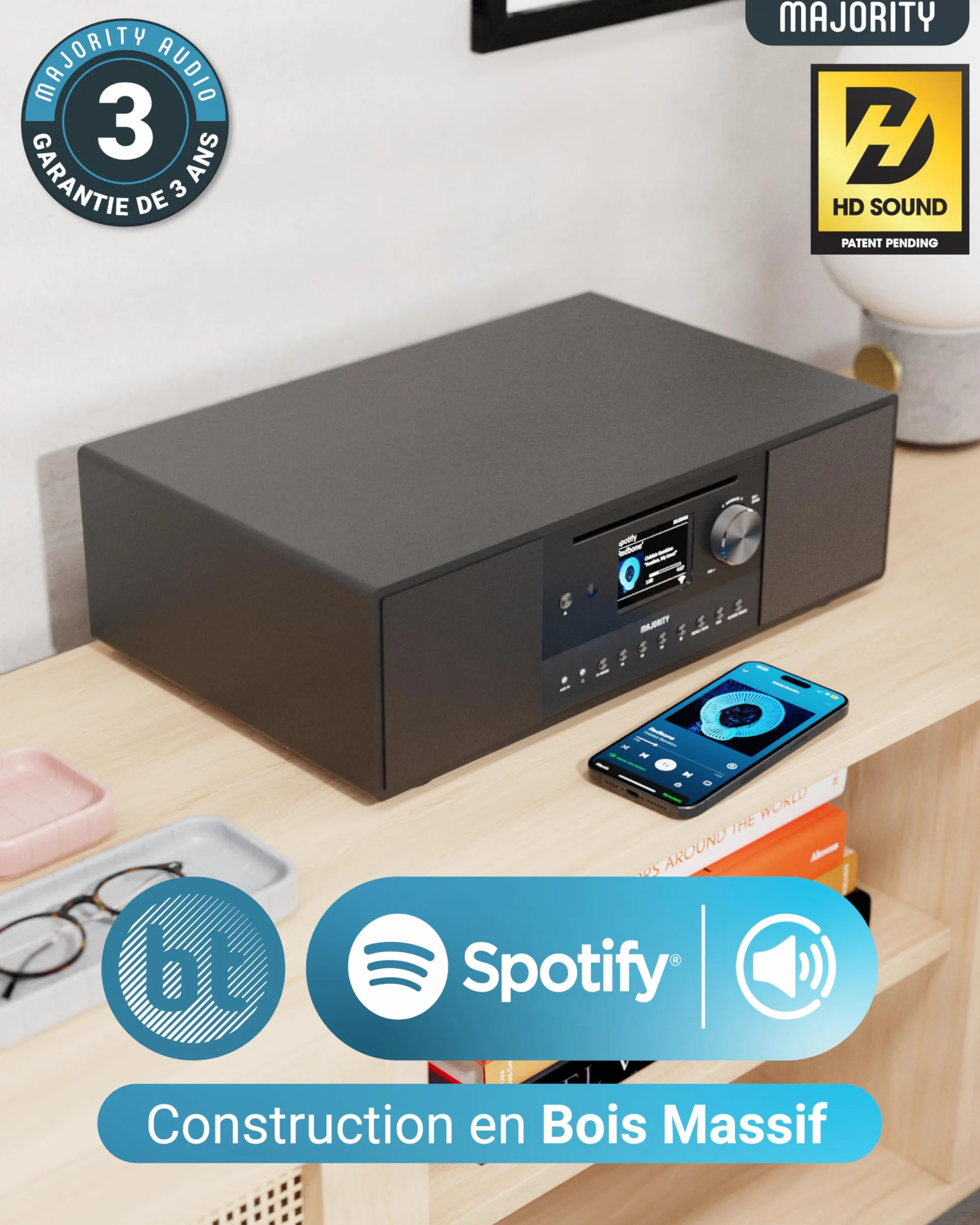 Radio Internet, Lecteur CD, Radio FM Dab+ et Caisson de Basses Puissant | Système Stéréo 2.1 120W | Bluetooth Activé | Spotify Connect et Podcasts | MAJORITY Quadriga