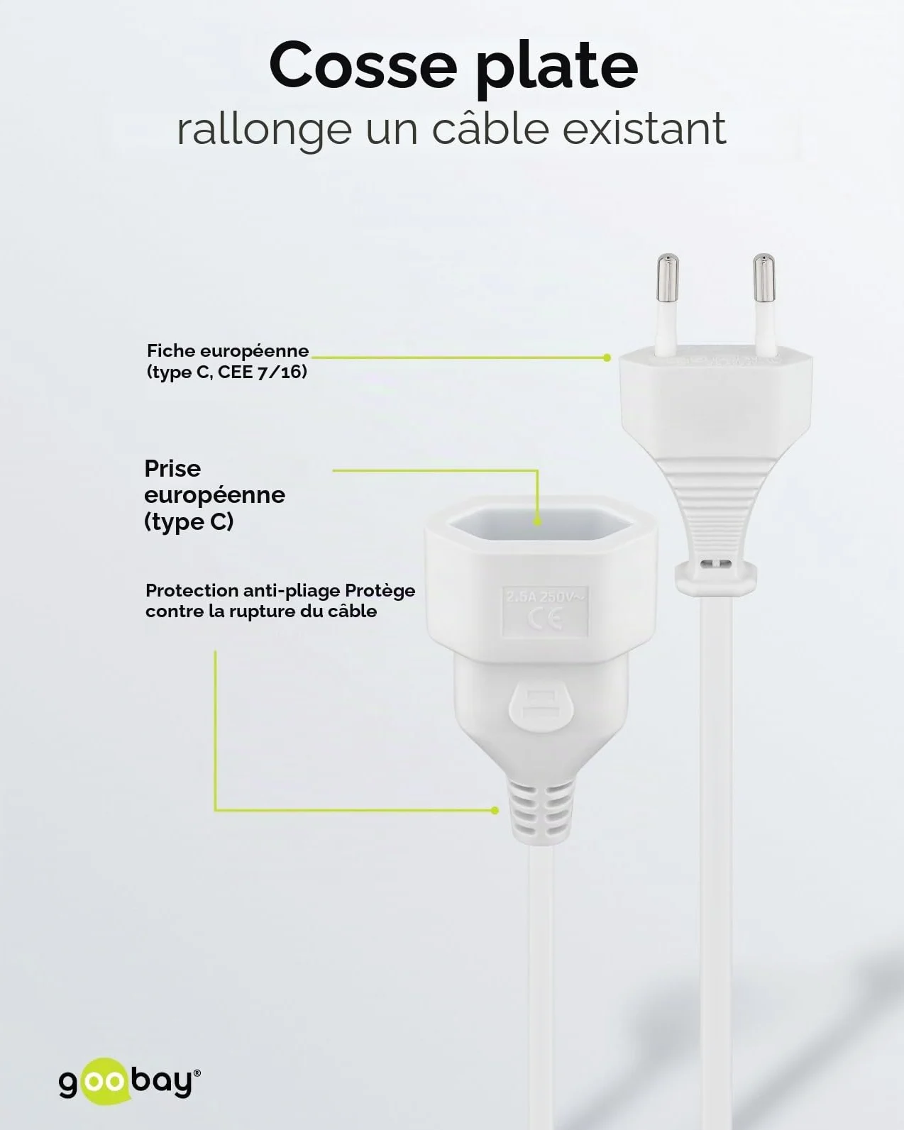Goobay Câble d'alimentation Rallonge 2m 250V 0.75 mm² Blanc