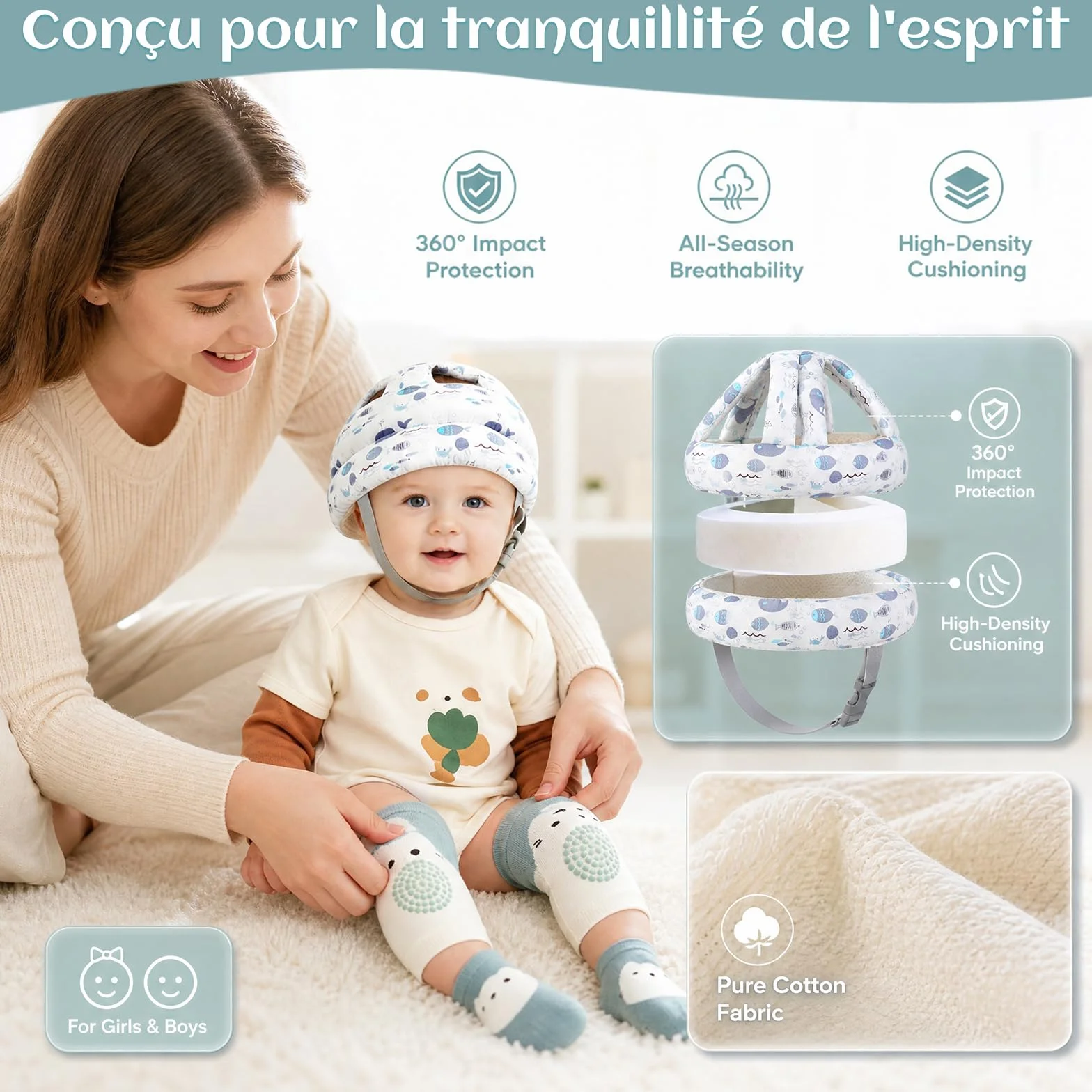 Solivive Casque Bébé Antichoc Protection, Anti Choc pour Bébé avec Longueur Réglable, Chaussettes Antidérapantes et Genouillères