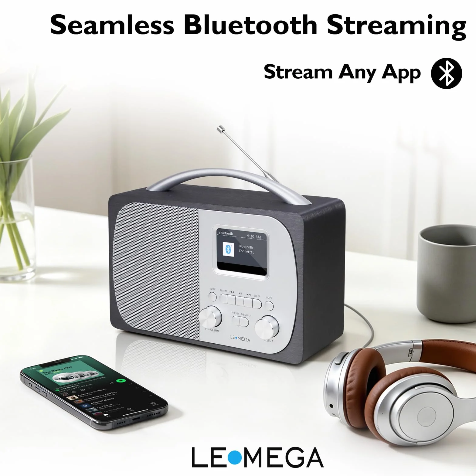 LEMEGA DR5 Radio Numérique DAB/DAB+ Bluetooth Réveil FM Secteur Piles Compacte Bois Métal Brossé