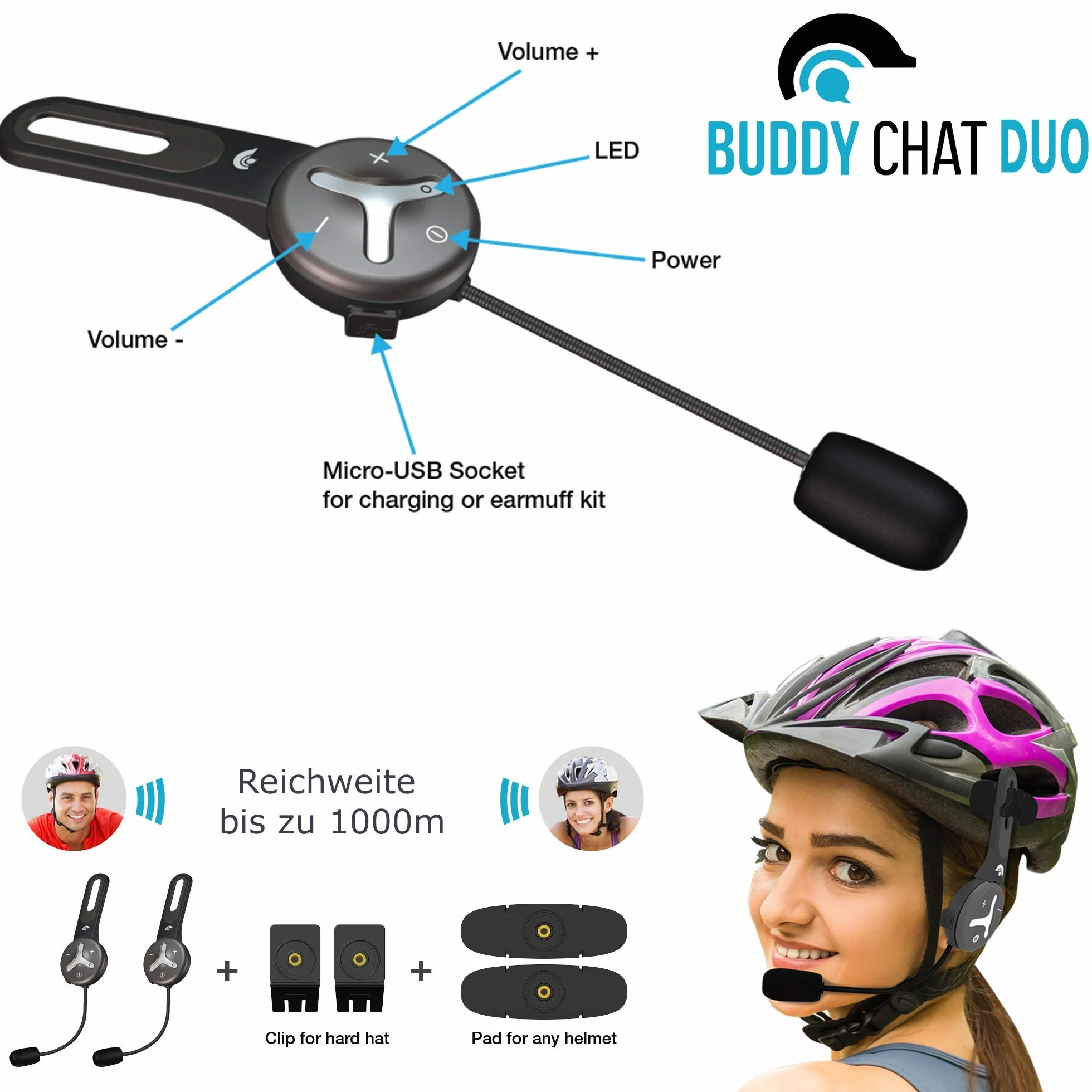 Duo Lot de 2 casques intercom Bluetooth pour vélo, sport, ski, travail, mains libres, interphone, réduction du bruit DSP, portée jusqu'à 1000 m