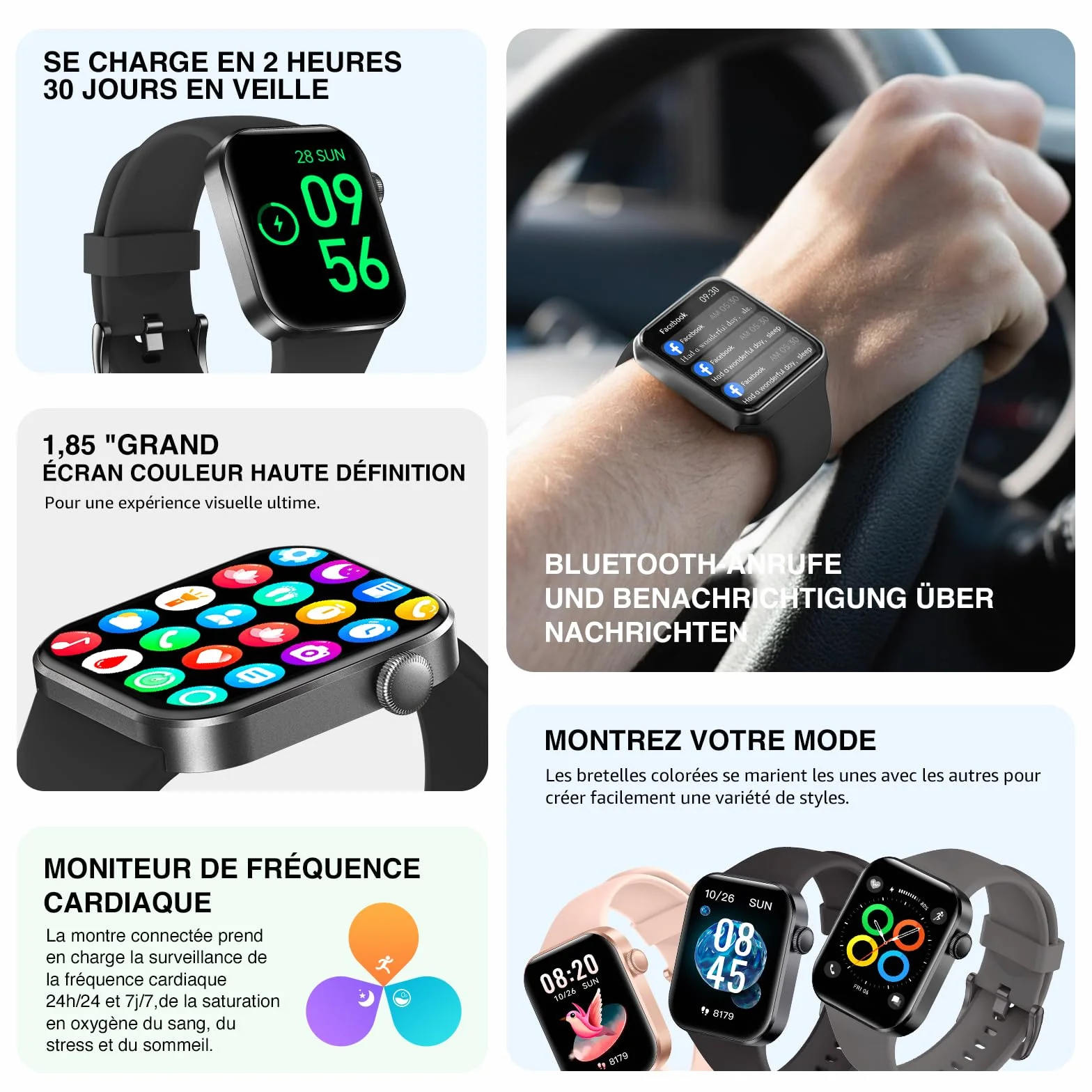 Montre Connectée Femme Homme avec Appels Bluetooth, 1.85" HD Smartwatch avec 140+ Modes Sportifs, Etanche IP68 Montre Connectee avec Podometre/Cardiofrequencemetre/Moniteur de Sommeil pour Android/iOS