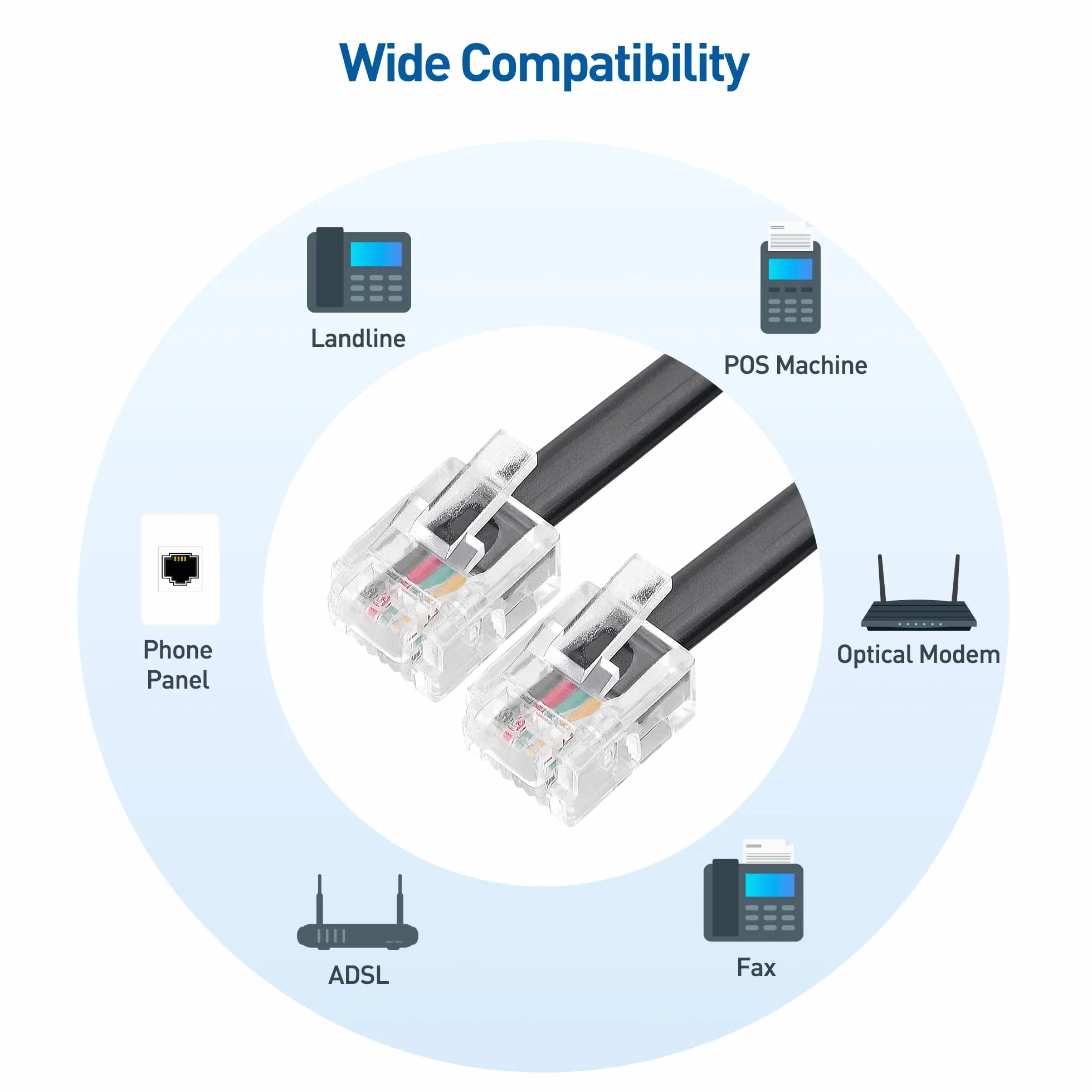 Cable Matters Pack de 2 Câble téléphonique de 1m (cable RJ11 vers RJ11) pour téléphone, Internet DSL, ADSL, modem en Noir - 1m