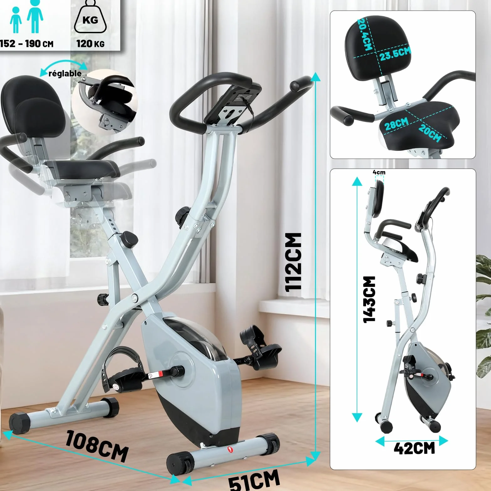 ISE 2-IN-1 Vélo d'Appartement Pliable, Cardio Training 8 Niveaux Résistance Magnétique, Bluetooth