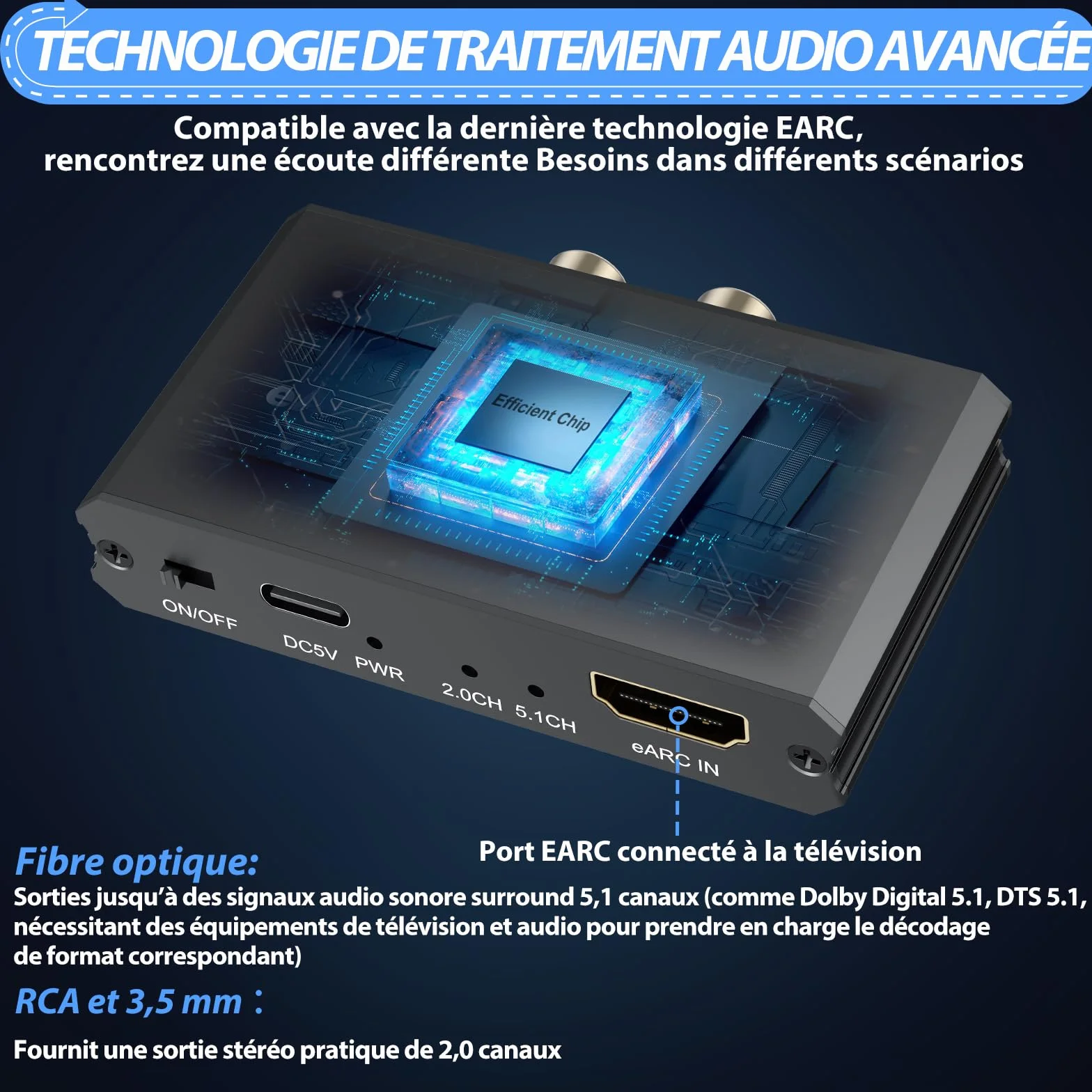 CAMWAY eARC Extracteur audio HDMI ARC/eARC vers fibre optique, RCA, convertisseur audio 3,5 mm, prend en charge le son surround 5.1, installation facile pour barre de son, amplificateur, casque