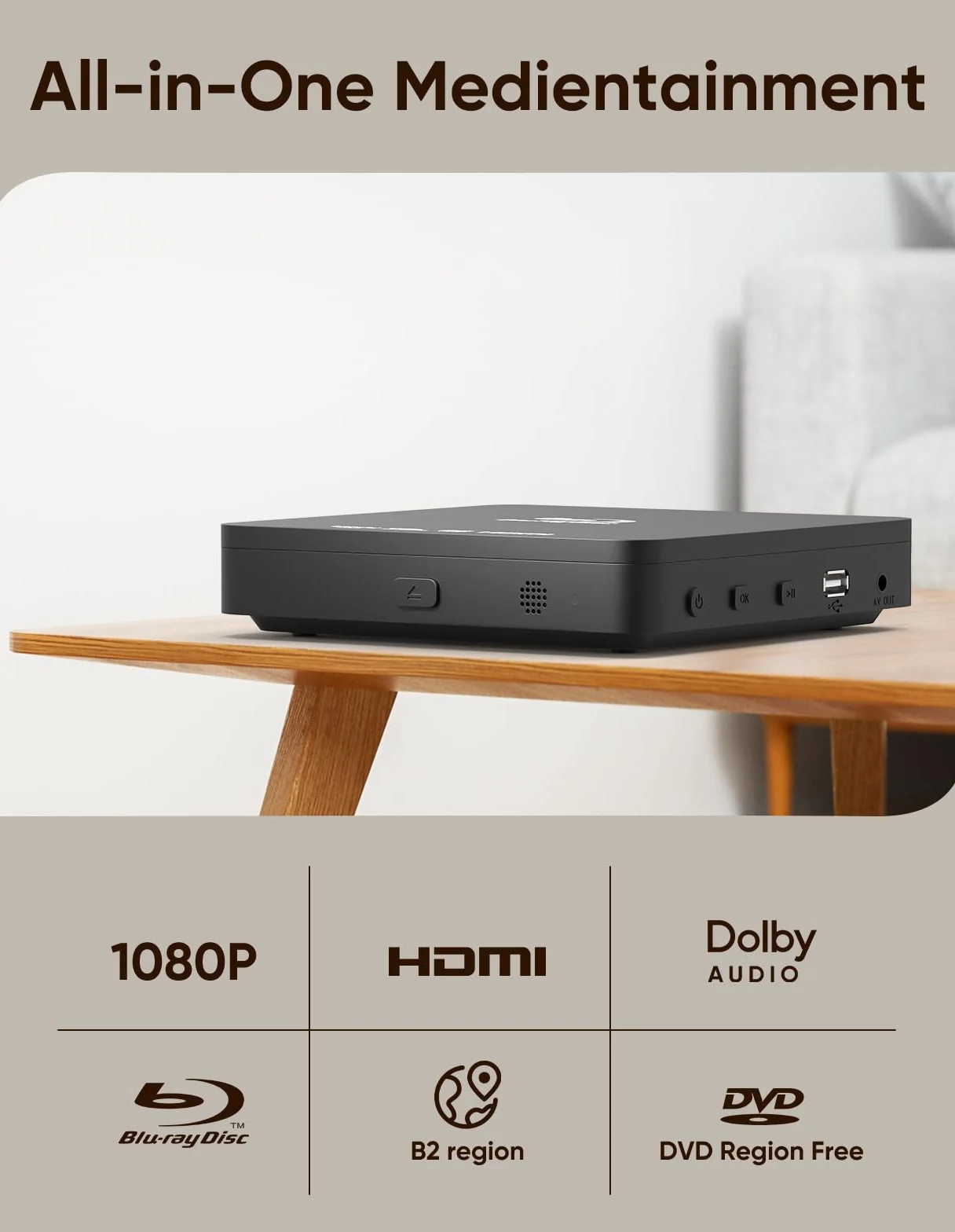 Lecteur Blu Ray 1080P Blu Ray pour home cinéma - Lecture de tous les DVD et région B 2 Blu Rays - Prise en charge d'une clé USB 128 Go avec sortie HDMI et AV - Convertisseur PAL NTSC et câble de