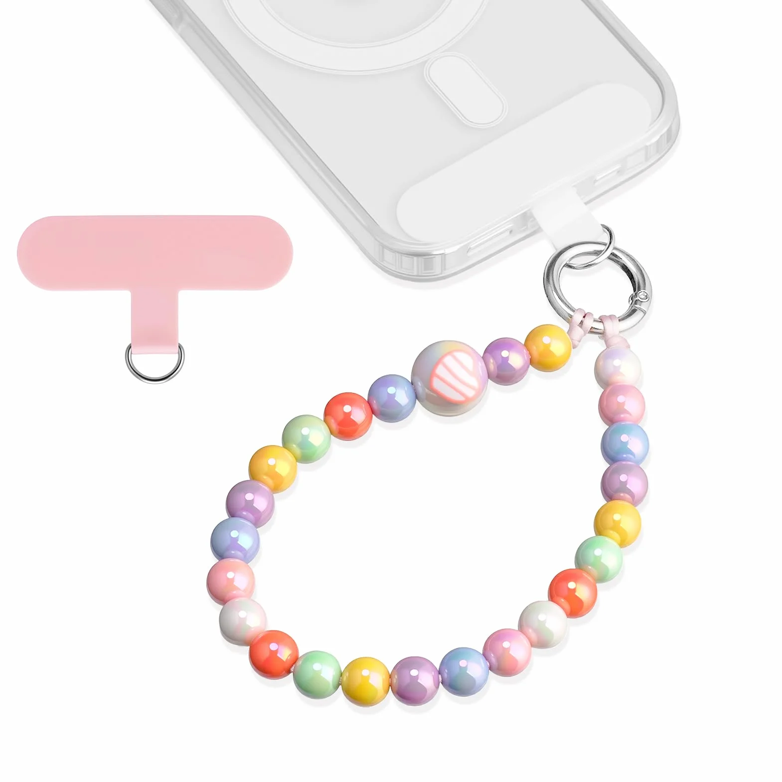 Pendentif pour téléphone portable chaîne perles multicolores courtes cordon universel amovible 2 patchs