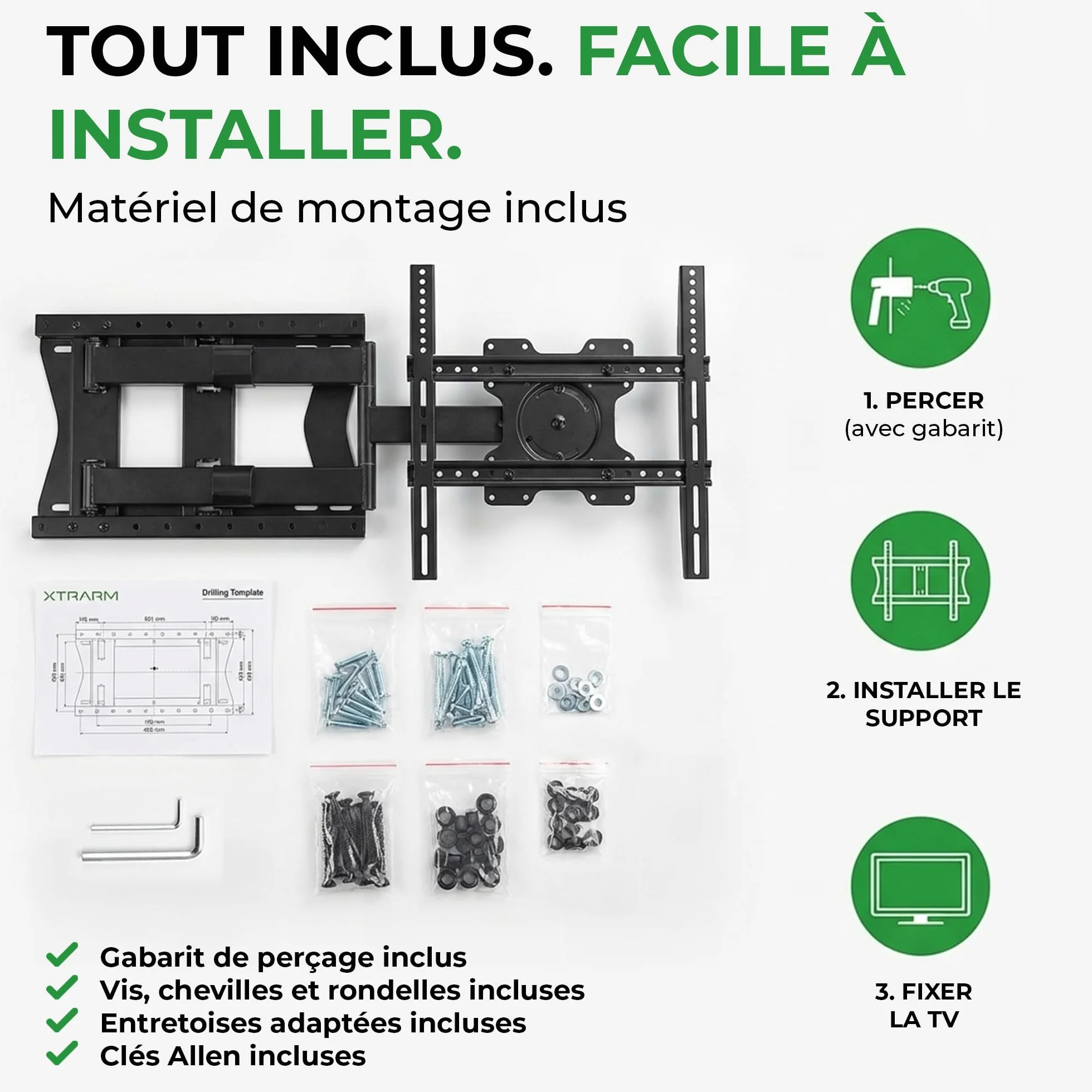 TiTon 120 cm - Support Mural TV - 40 kg - VESA 400x400 - Fixation Murale TV de 42 Pouces à 75 Pouces - Kit Complet d’Installation Inclus