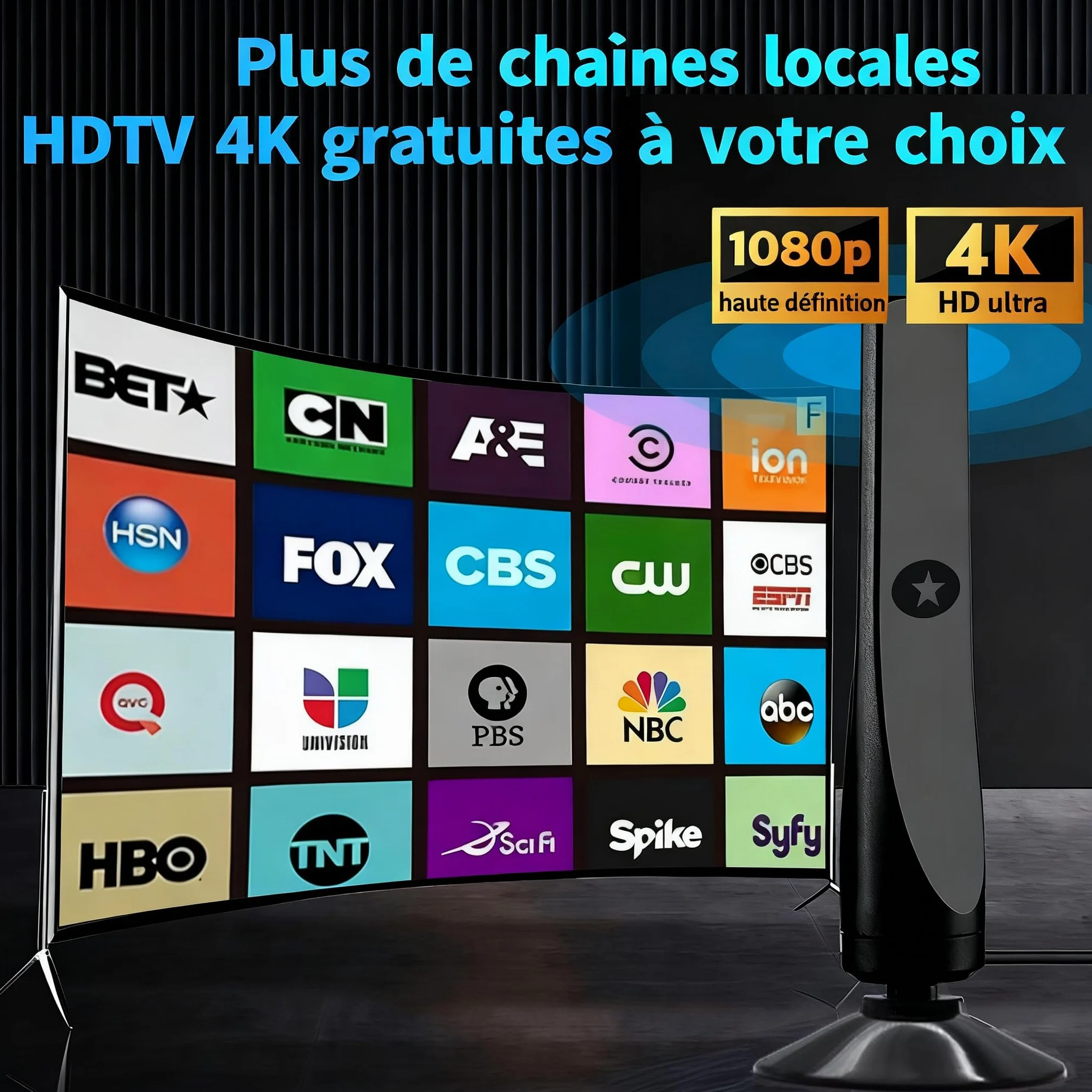 Antenne TV Intérieure Puissante – Réception Longue Portée à 360°Antennes TNT IntéRieur Puissante, Capture Chaînes Locales Gratuites, Base Magnétique, Câble Coaxial 3m