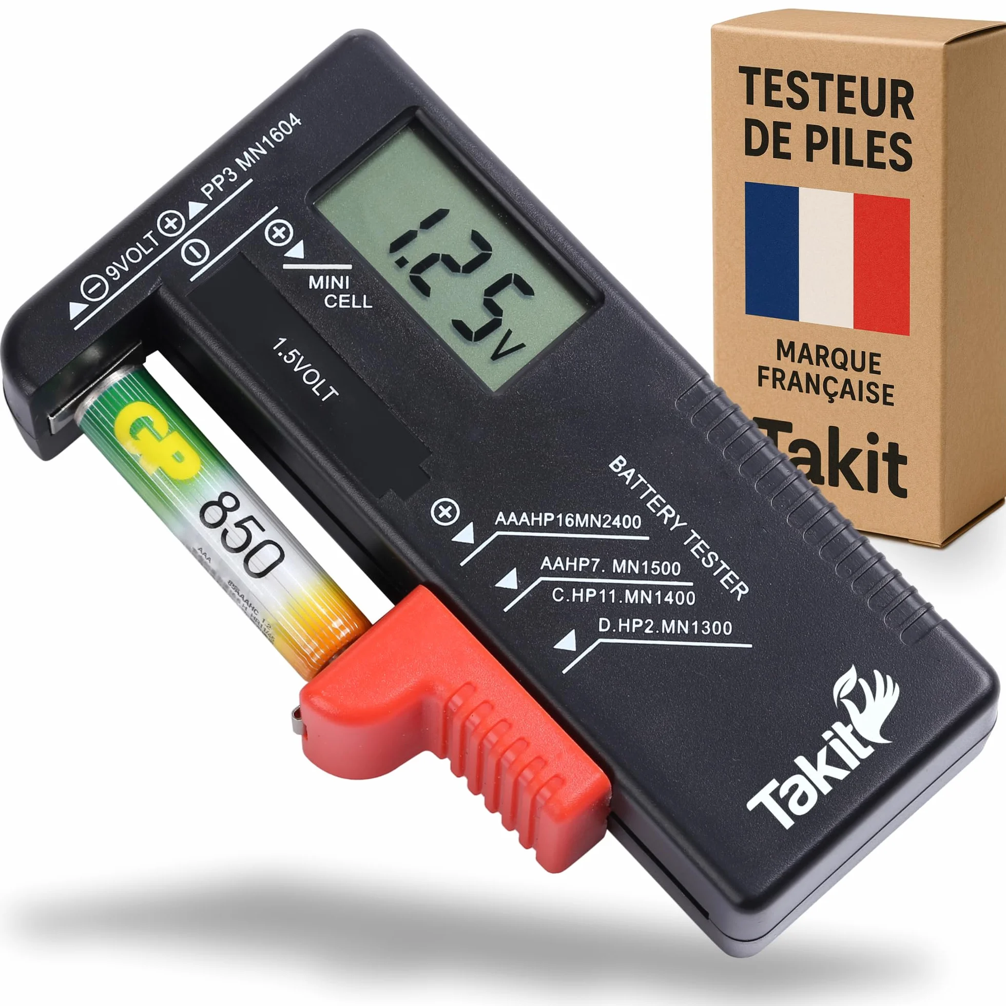 Takit Testeur de Piles Numérique pour AA AAA C D PP3 9V 1.5V Piles Bouton