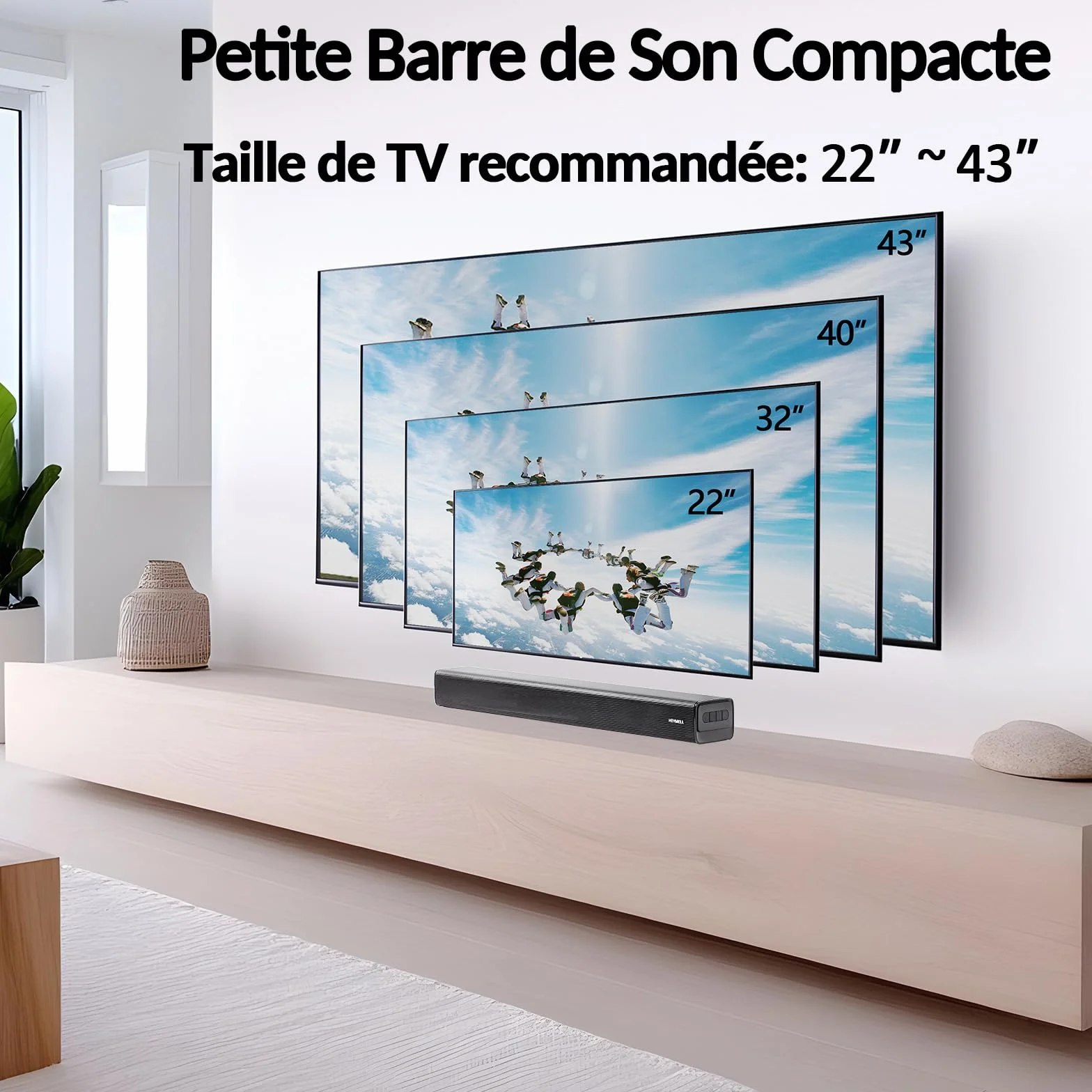 Barre de Son TV 120W 2.1ch Bluetooth 60cm HDMI Arc Caisson de Basse Mural