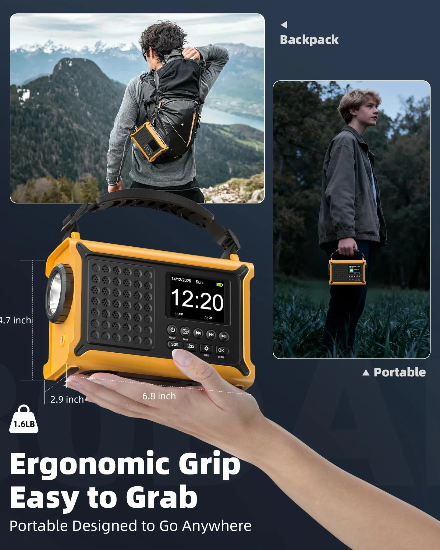Solar Radio, Kurbelradio, 12000mAh Dab/Dab+/UKW, Notfallradio mit 8500mm² Solarpanel & 650mA Handkurbel, Dynamo Radio mit Bluetooth, ALS Taschenlampe & Ladegerät, USB, Für Camping, Notfall(Gelb)