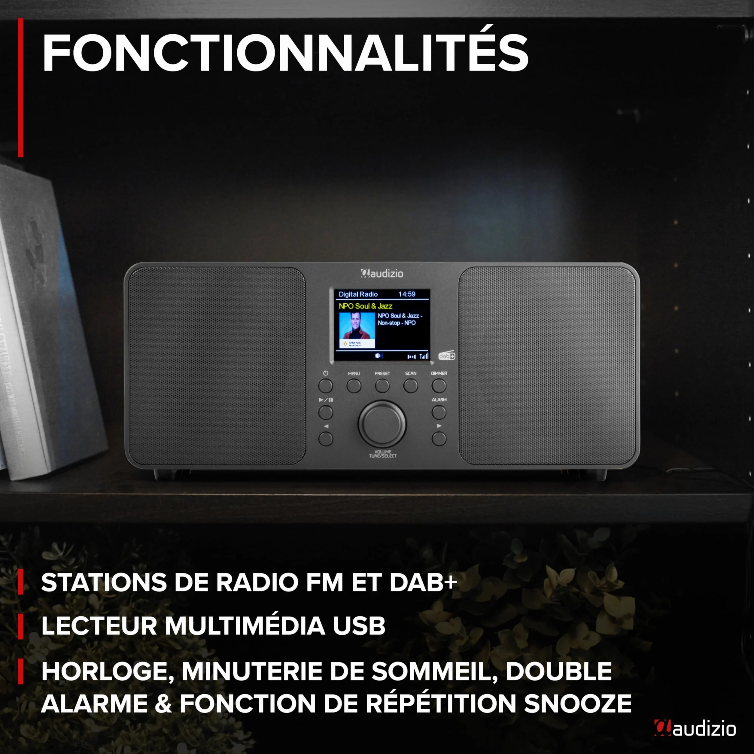 Audizio Genua Radio DAB+ Bluetooth 5.0 Gris Foncé Écran Couleur 2,8" Deux Haut-Parleurs Sortie Casque Port USB Télécommande