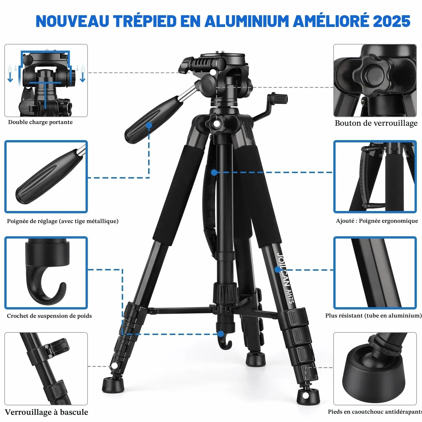 Trépied Appareil Photo pour Smartphone 187cm, JOILCAN Trépied Caméra avec Tête Pan Amovible à 3 Voies, Aluminium Portable Trepied pour Nikon Canon Sony DSLR, Téléphone Support pour iPhone (Noir)